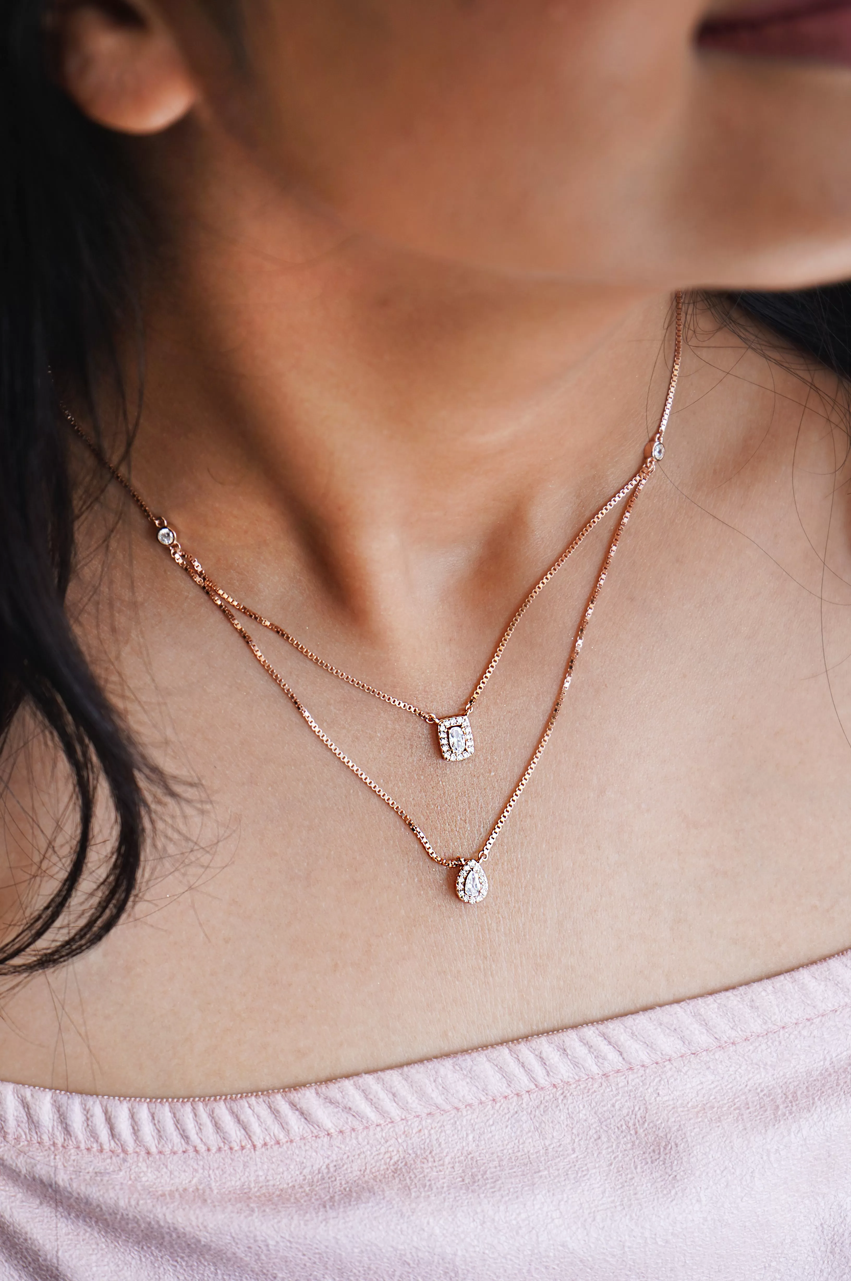 Multilayer Layer Solitaire Rose Gold Plated Sterling Silver Necklace