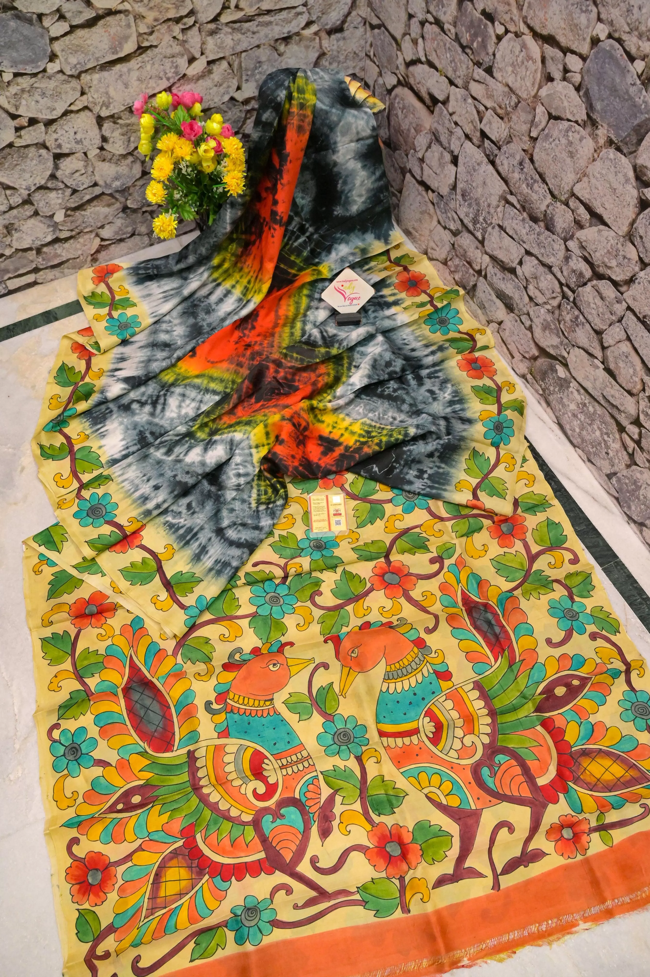 Multiple Color Pure Bishnupur Katan Silk with Hand Painted Kalamkari & Hand Shibori Dye