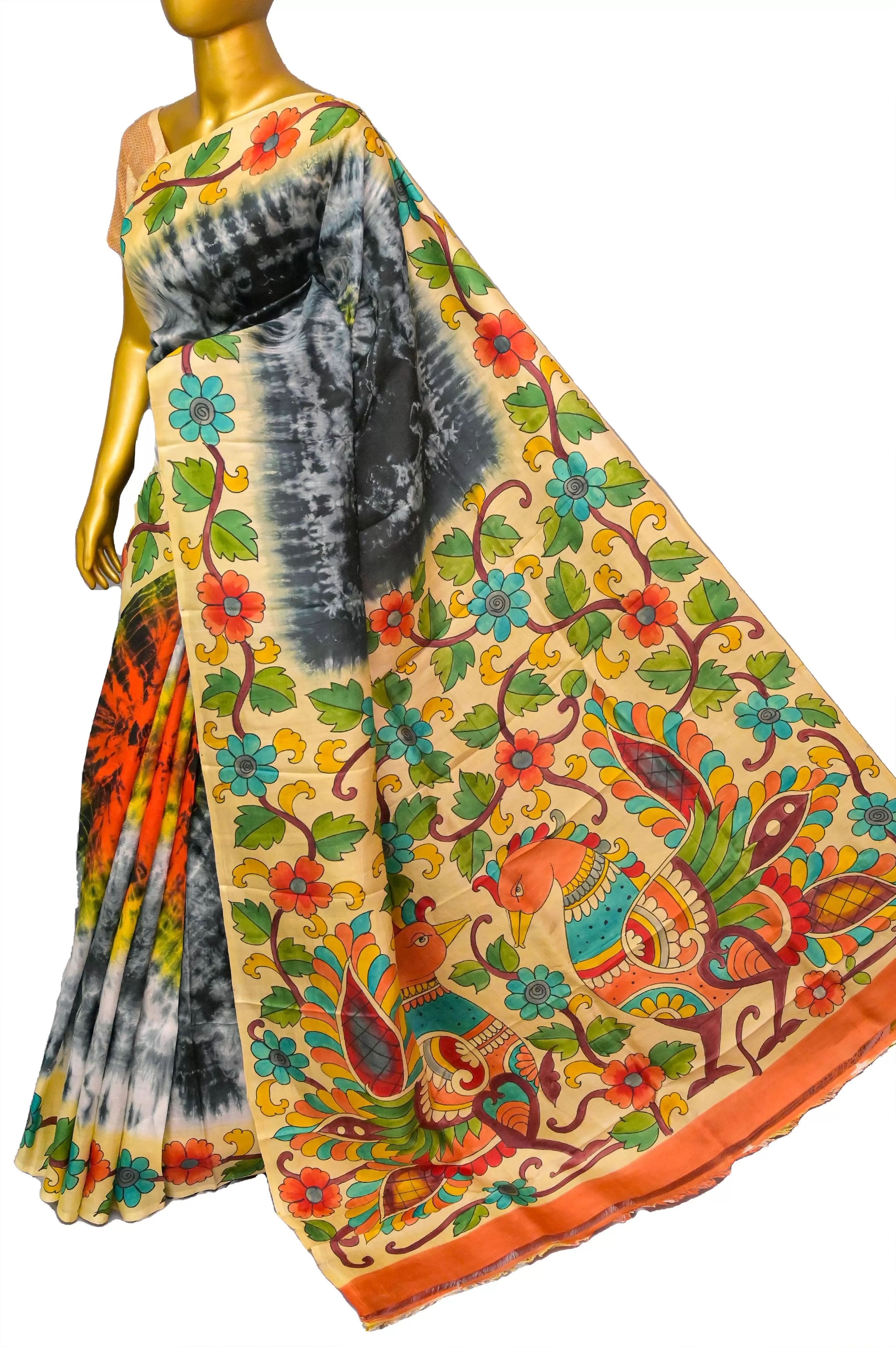 Multiple Color Pure Bishnupur Katan Silk with Hand Painted Kalamkari & Hand Shibori Dye