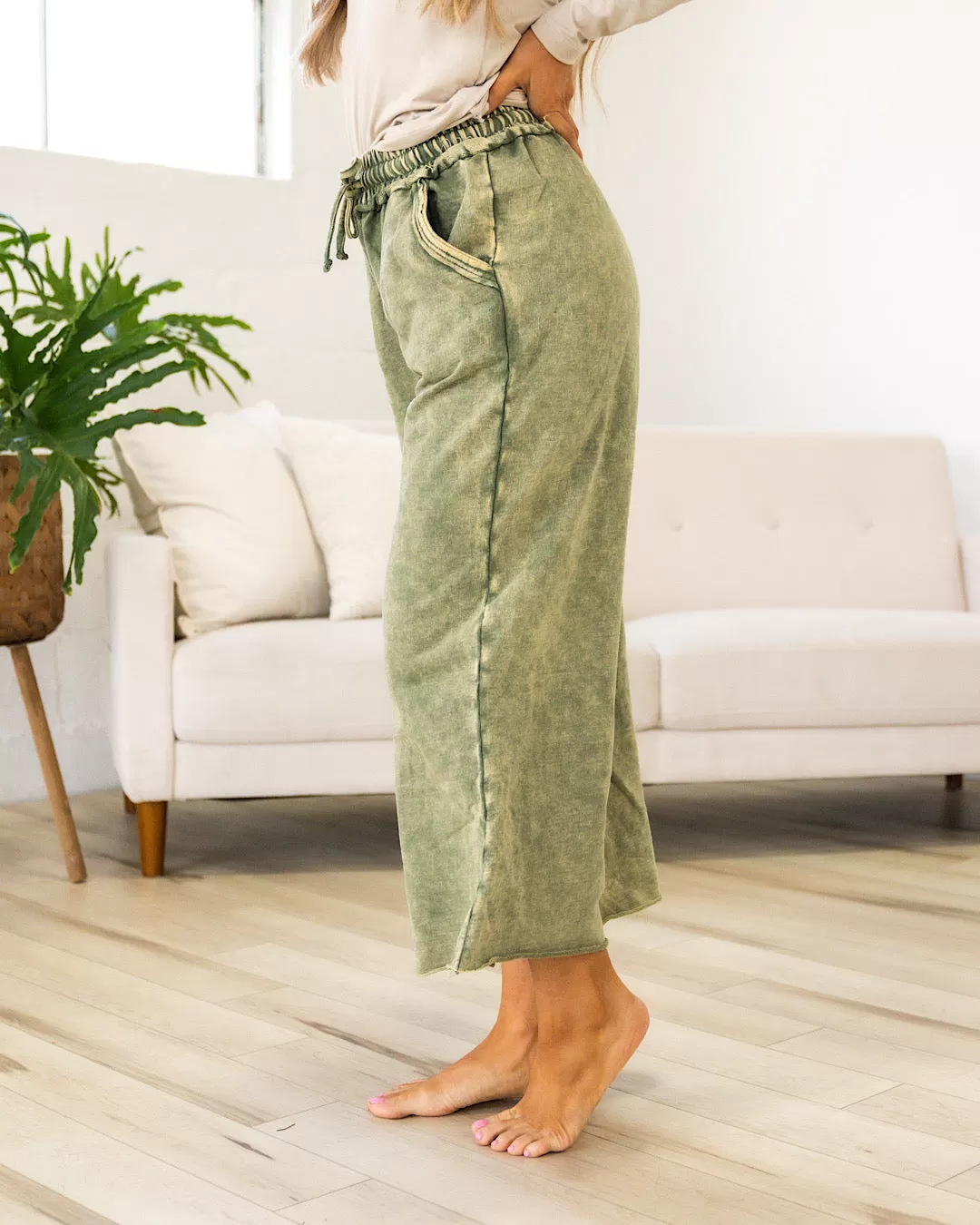 NEW! Mineral Wash Wide Leg Lounge Pants - Ash Olive