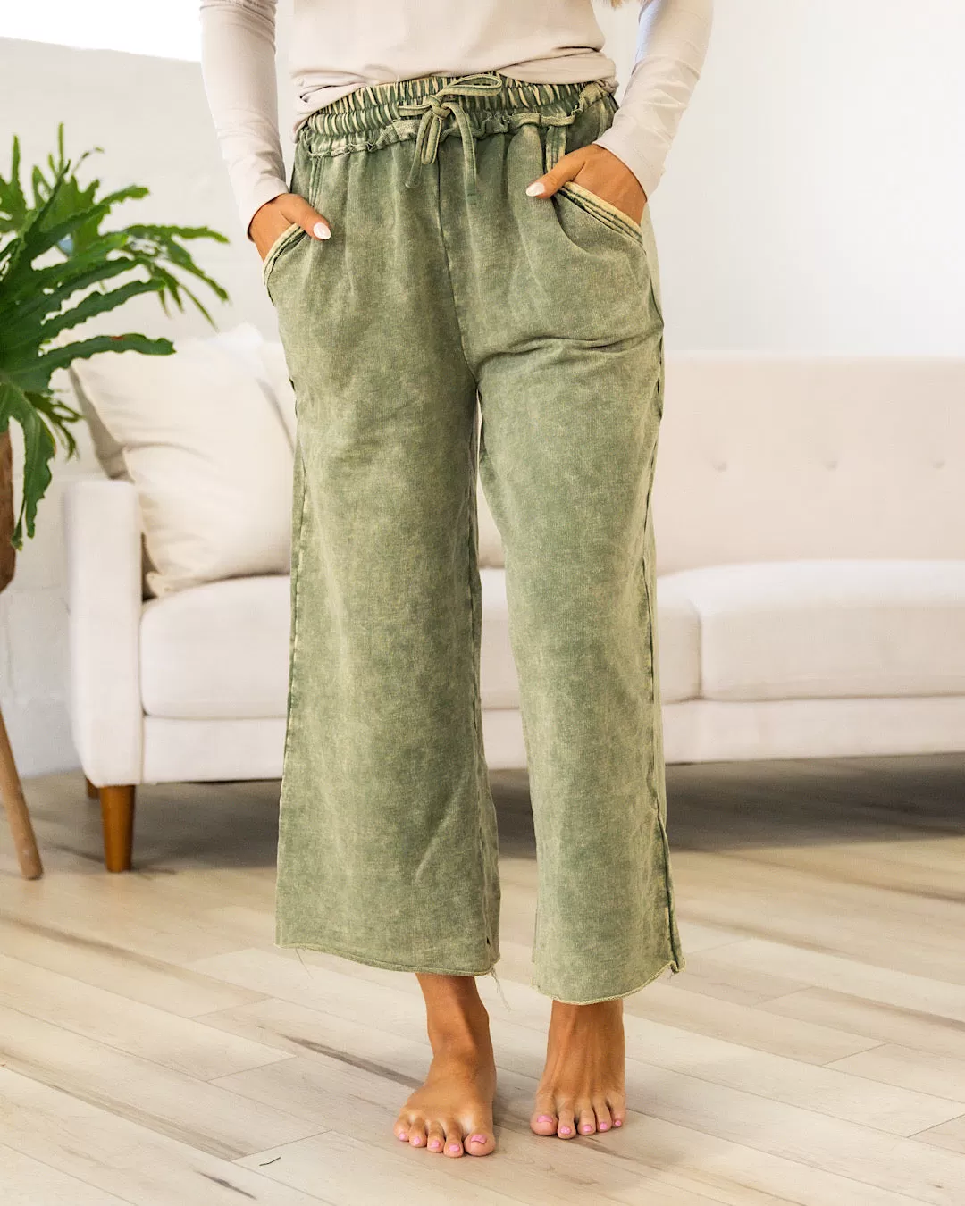 NEW! Mineral Wash Wide Leg Lounge Pants - Ash Olive