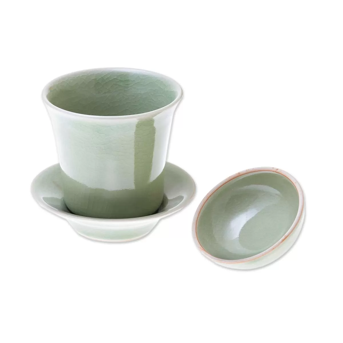 Novica Cup Of Comfort In Green Celadon Ceramic Soup Cup With Lid And Saucer