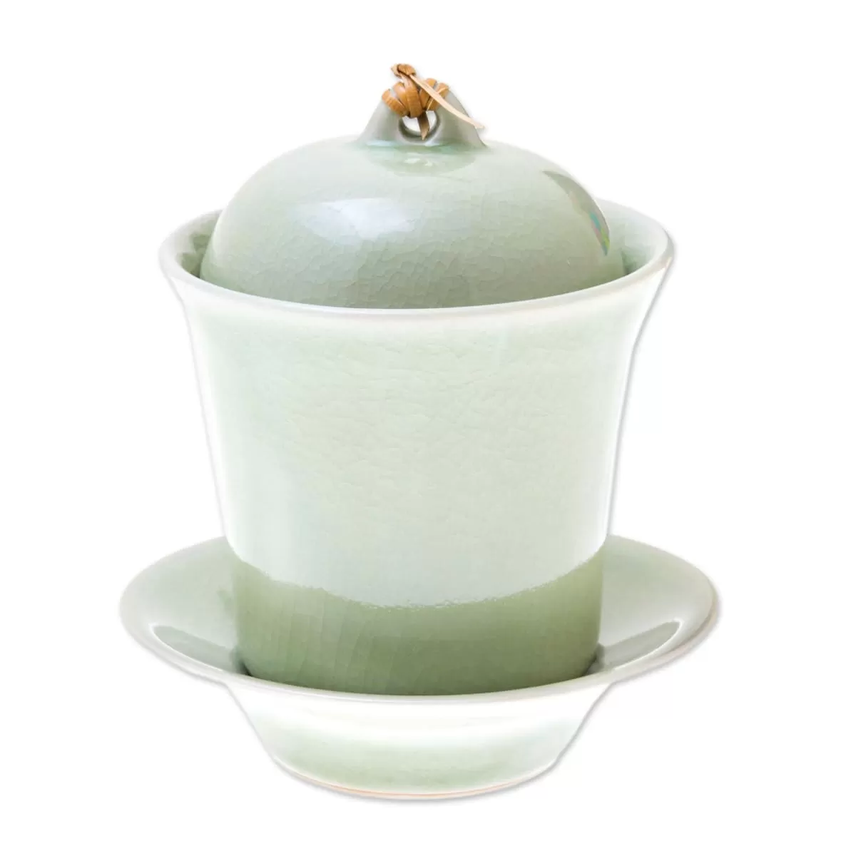 Novica Cup Of Comfort In Green Celadon Ceramic Soup Cup With Lid And Saucer