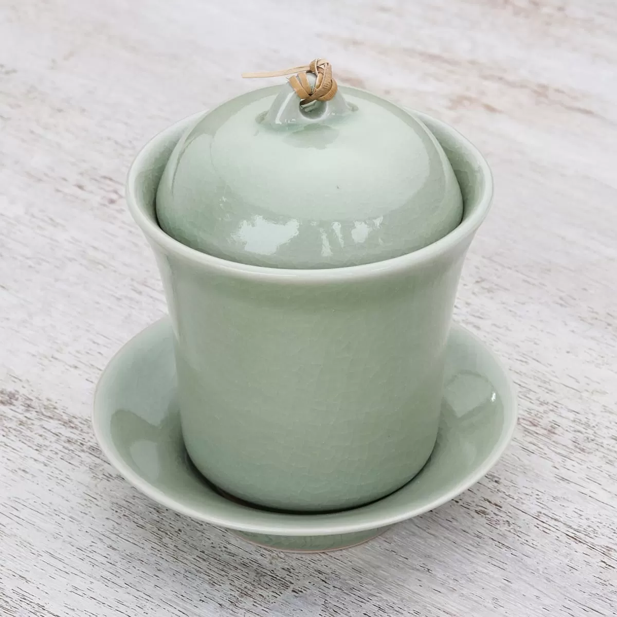 Novica Cup Of Comfort In Green Celadon Ceramic Soup Cup With Lid And Saucer