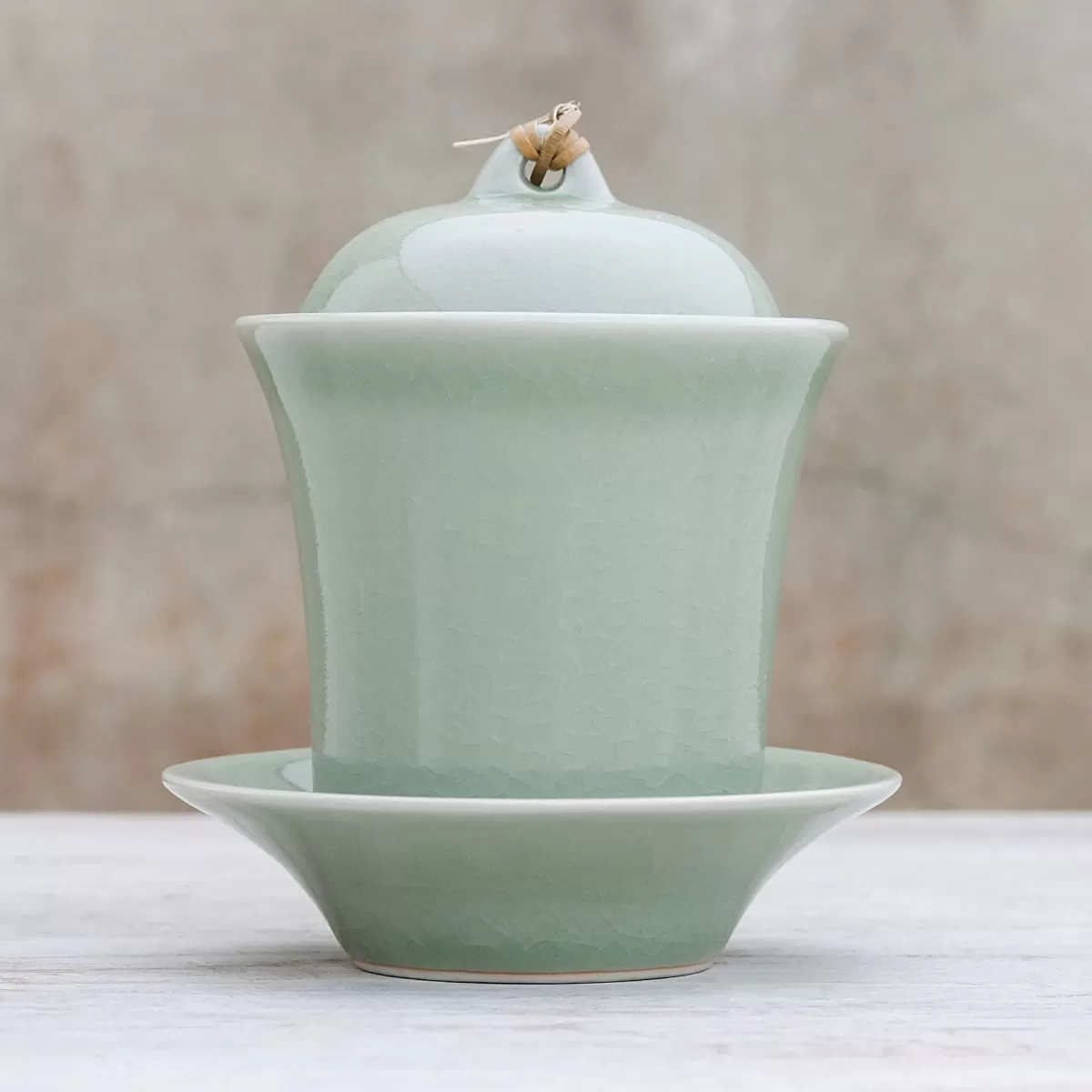 Novica Cup Of Comfort In Green Celadon Ceramic Soup Cup With Lid And Saucer