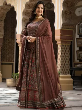 Odette Brown Silk Stitched Gown with Dupatta For Women