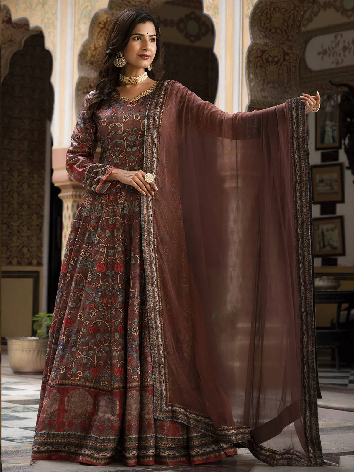 Odette Brown Silk Stitched Gown with Dupatta For Women