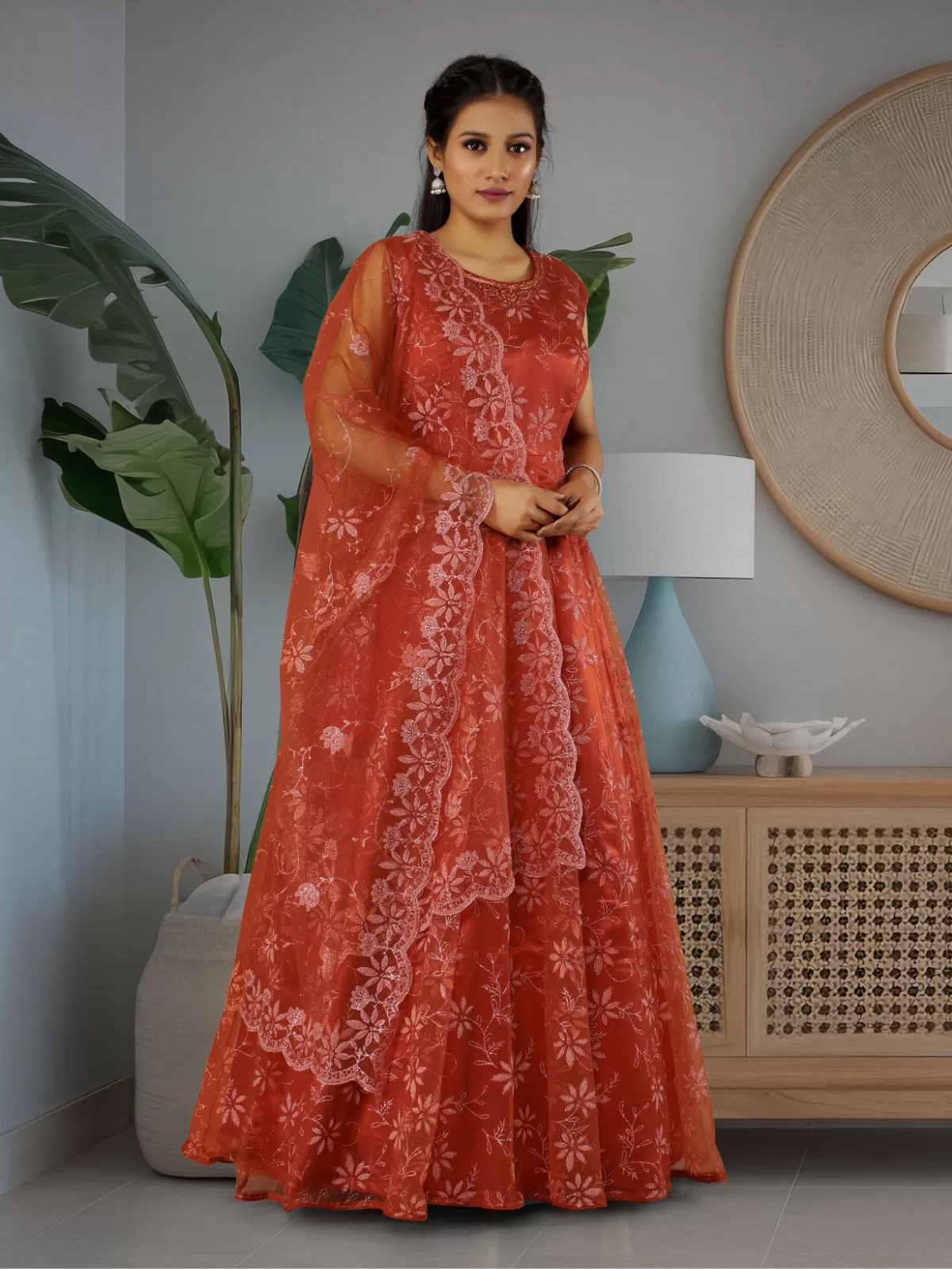 Odette Orange  Net  Embroidered Stitched Gown  for Women