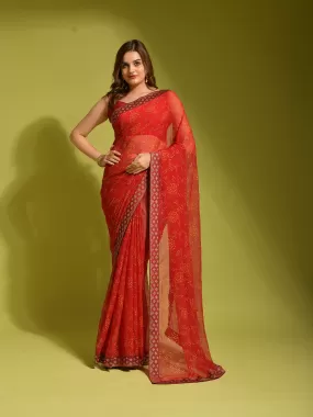 Odette Women Red Chiffon Designer Saree With Unstitched Blouse