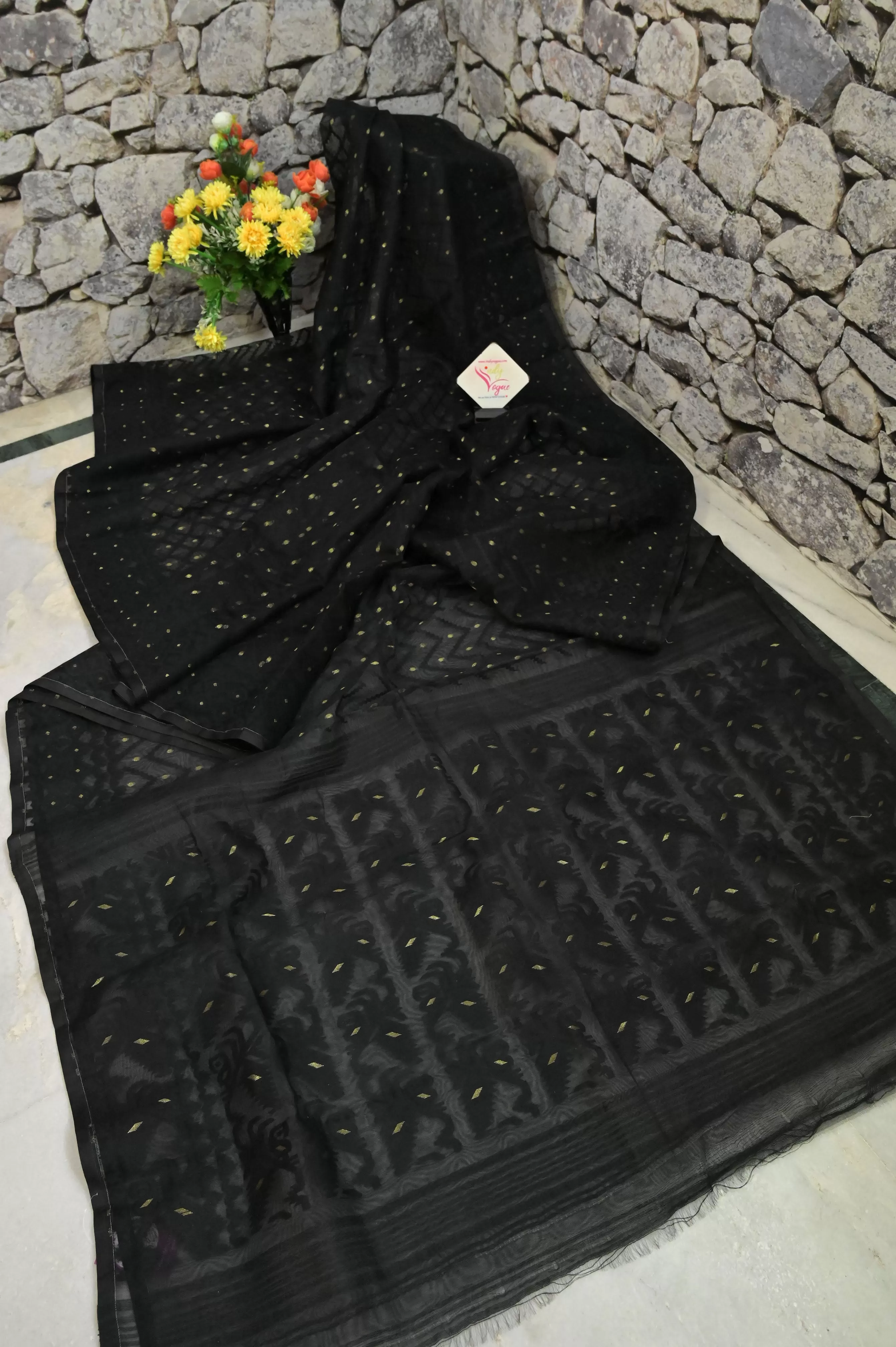 Onyx Black Color Jamdani Saree with Self Weaving