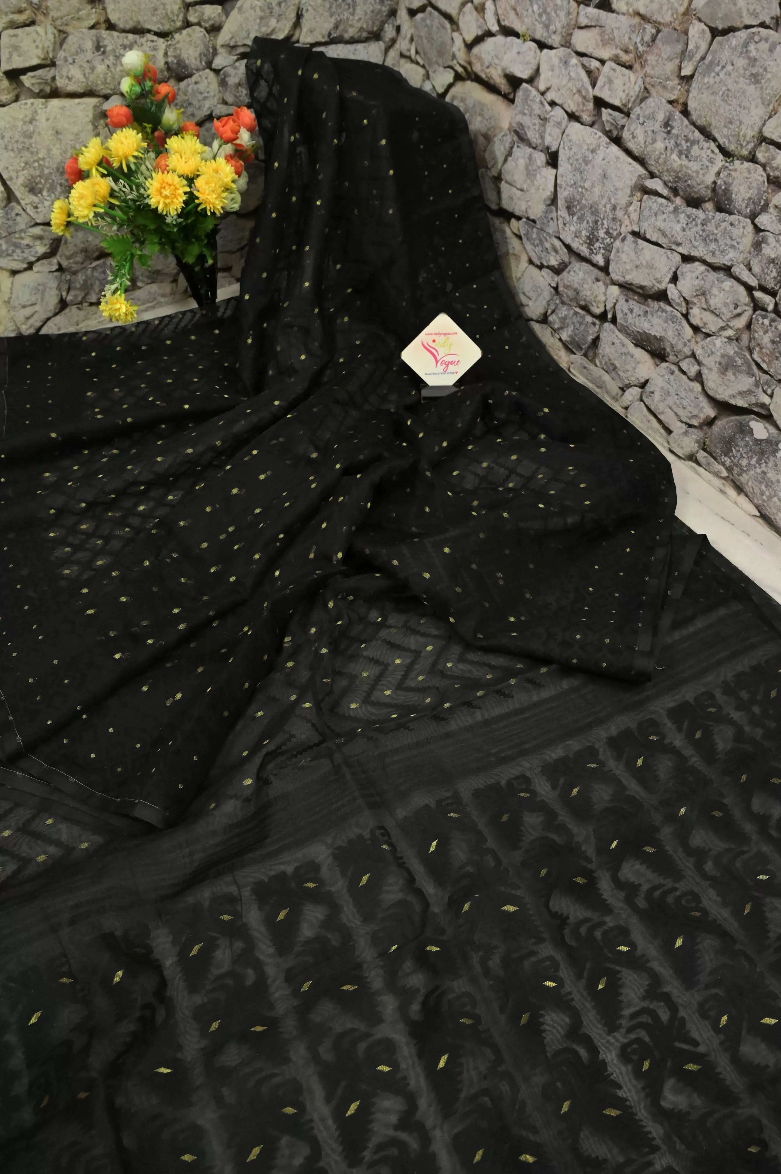 Onyx Black Color Jamdani Saree with Self Weaving