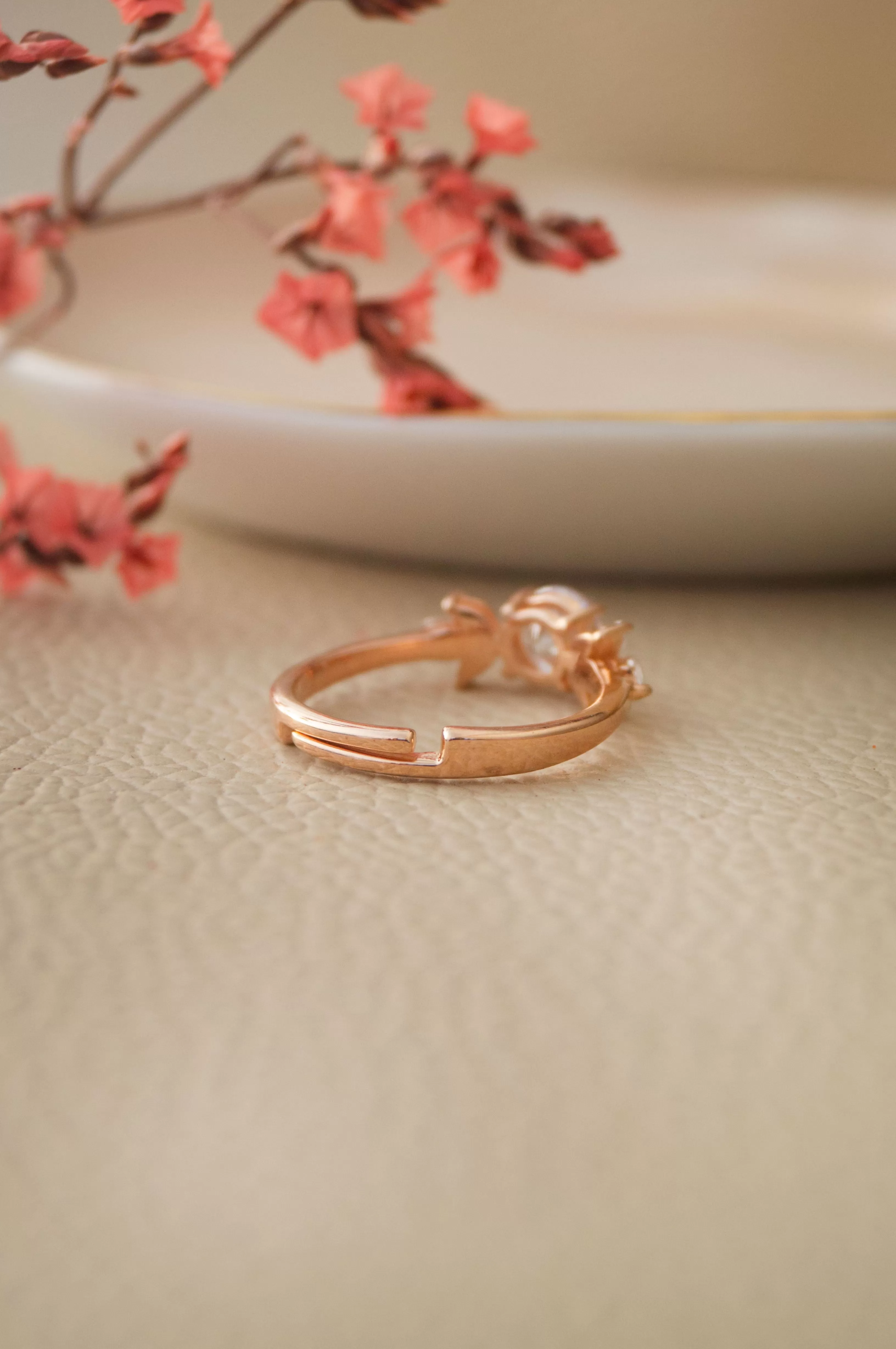 Ornate Solitaire Rose Gold Plated Sterling Silver Adjustable Ring Love Hamper 