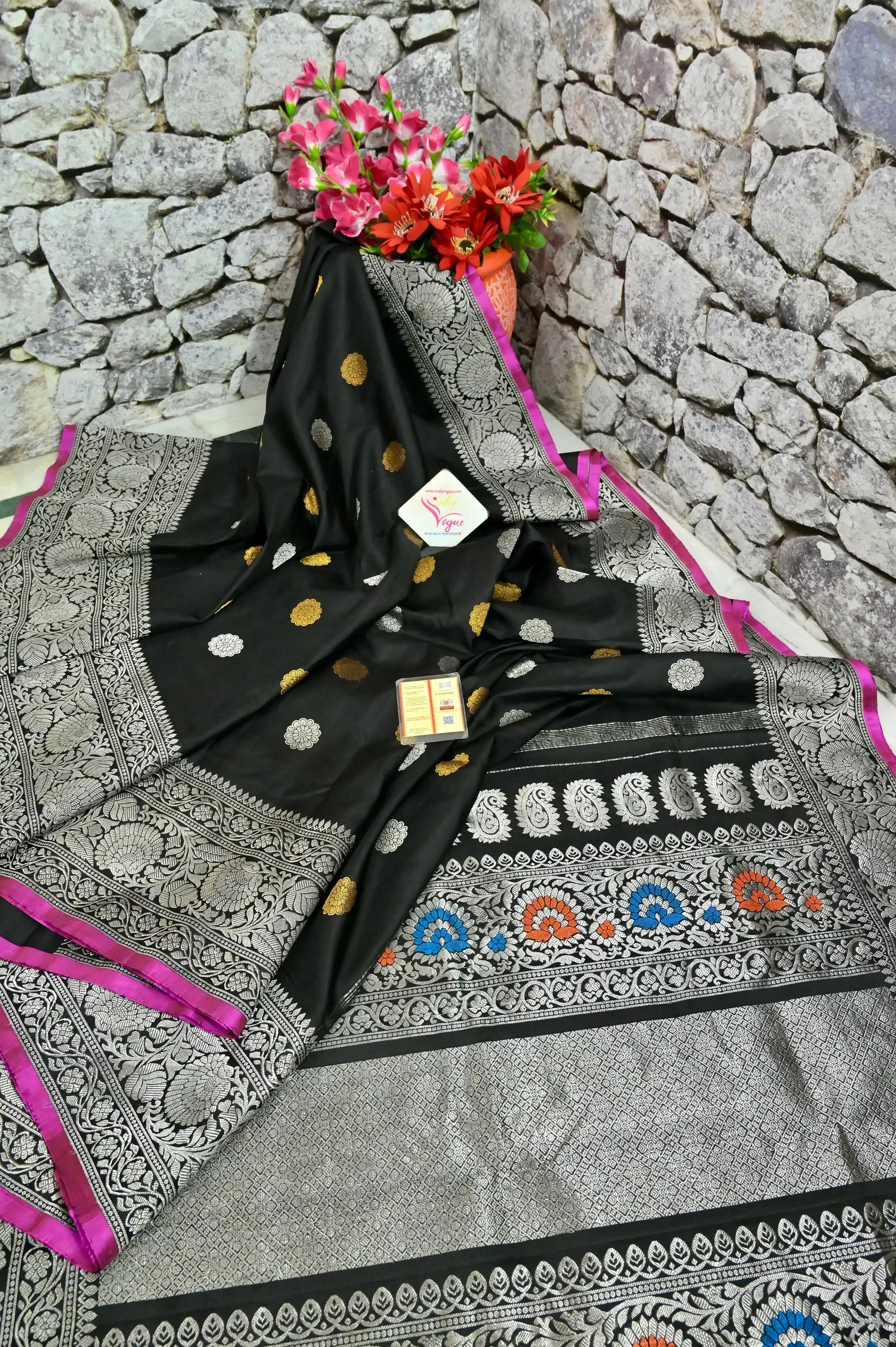 Pure Black Color Gadwal Silk Saree with Golden and Silver Zari Buti Work with Meenakari Weaving