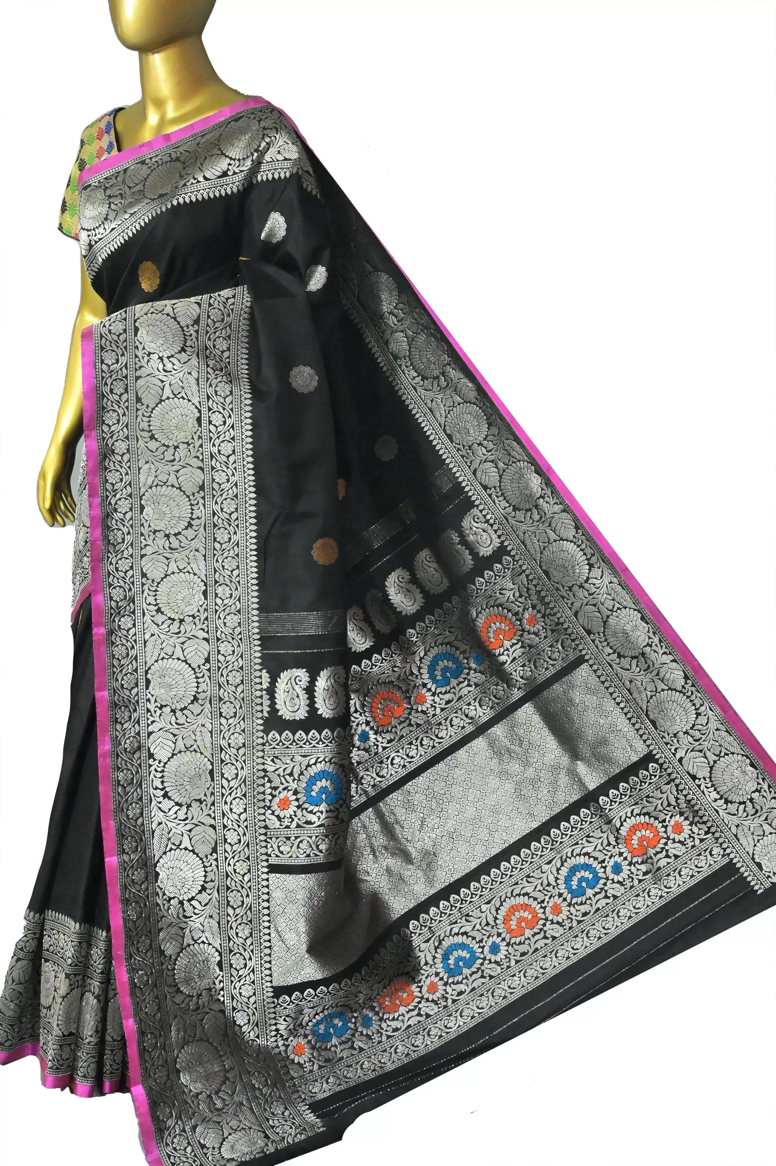 Pure Black Color Gadwal Silk Saree with Golden and Silver Zari Buti Work with Meenakari Weaving