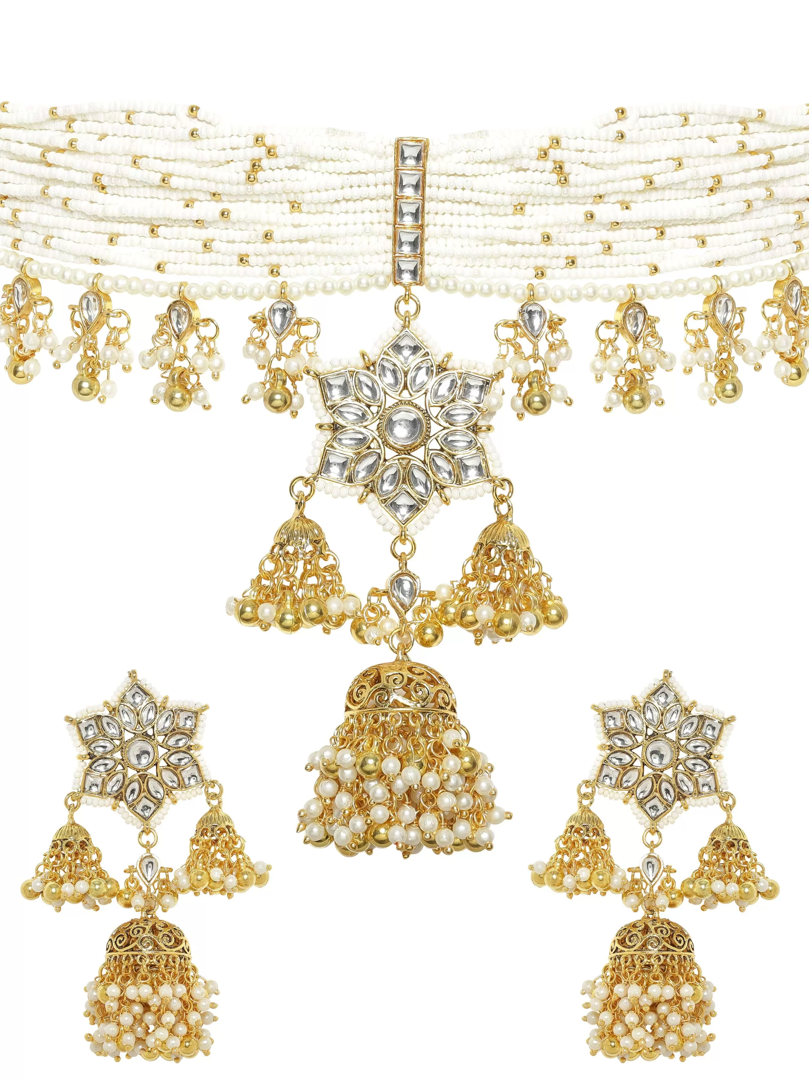 Rubans 22K Gold Plated Kundan Studded Layered Pearl Beaded Statement Necklace set