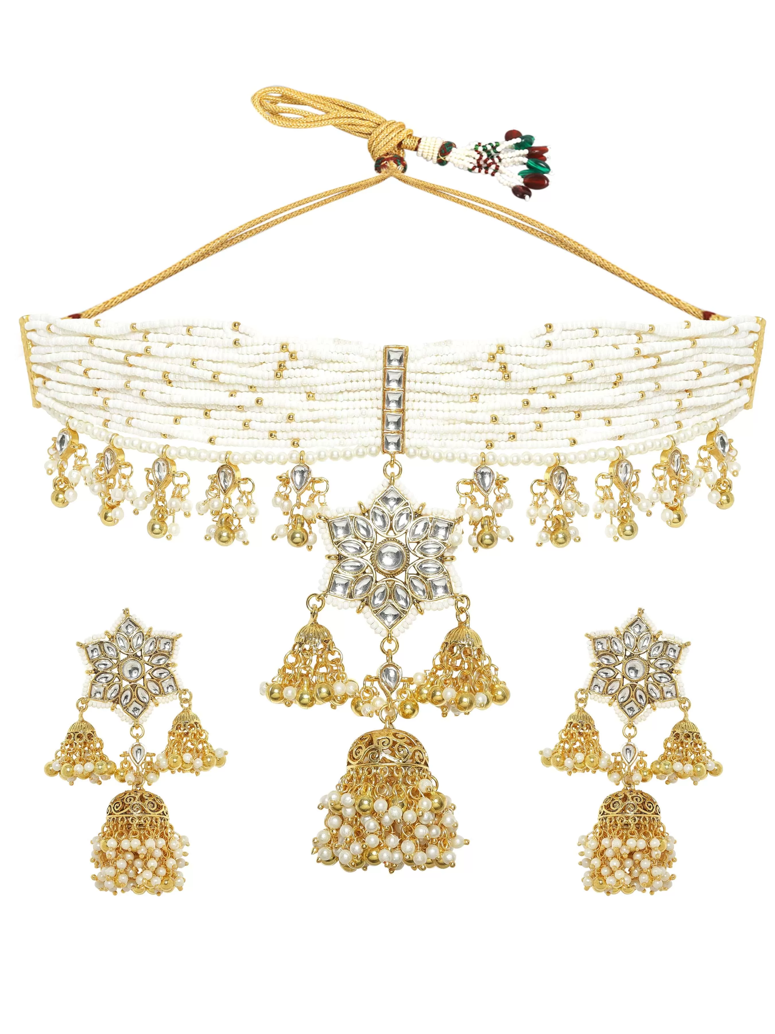 Rubans 22K Gold Plated Kundan Studded Layered Pearl Beaded Statement Necklace set