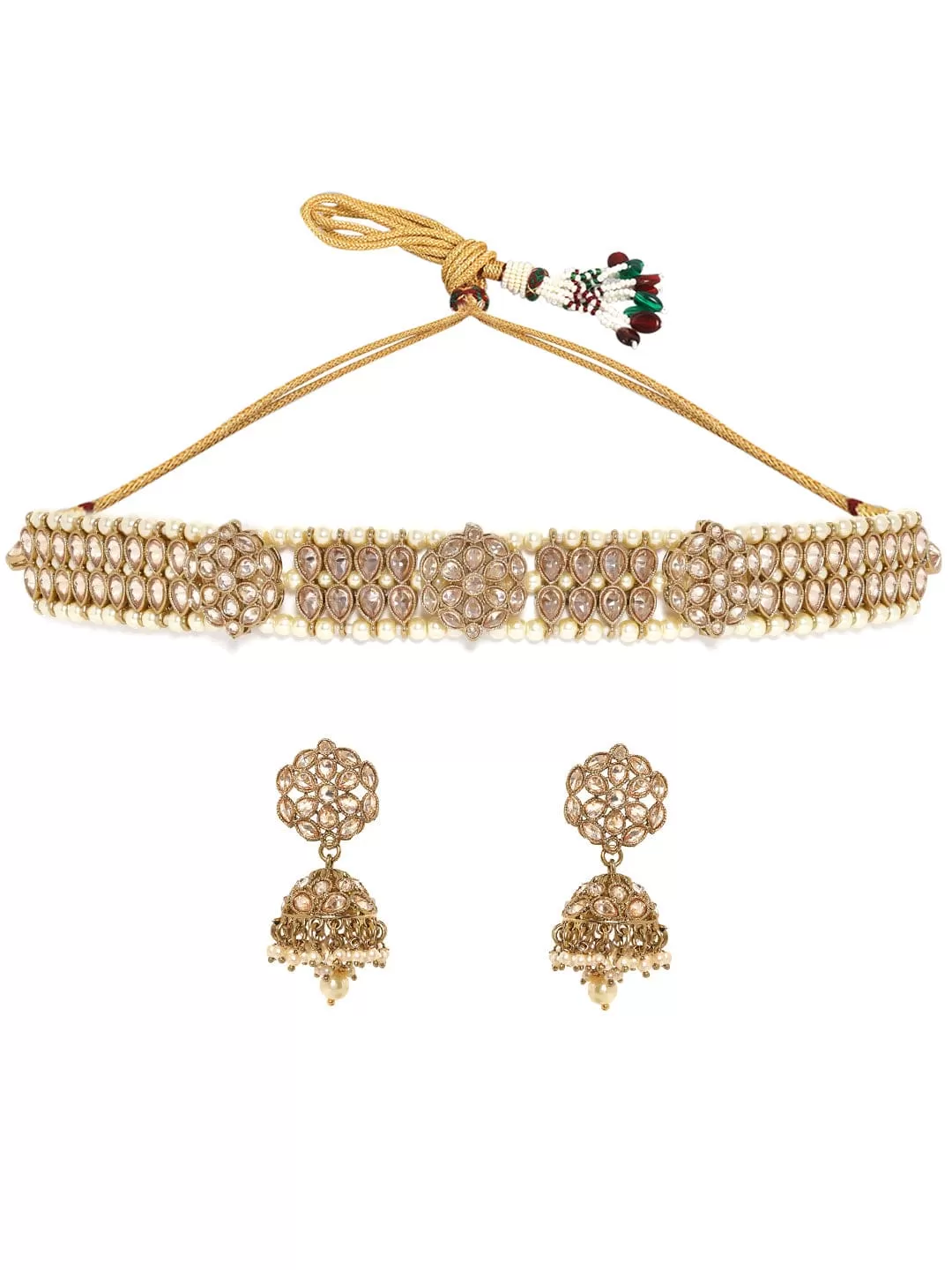 Rubans 22k Mehndi Gold Plated Dazzling Reverse AD Pearl Beaded Choker Set