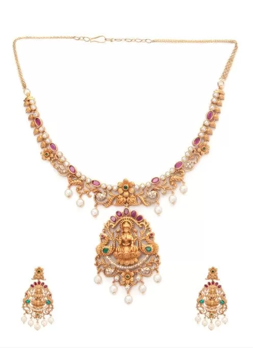 Rubans Gold-Plated multicolor CZ studded temple Jewellery Set