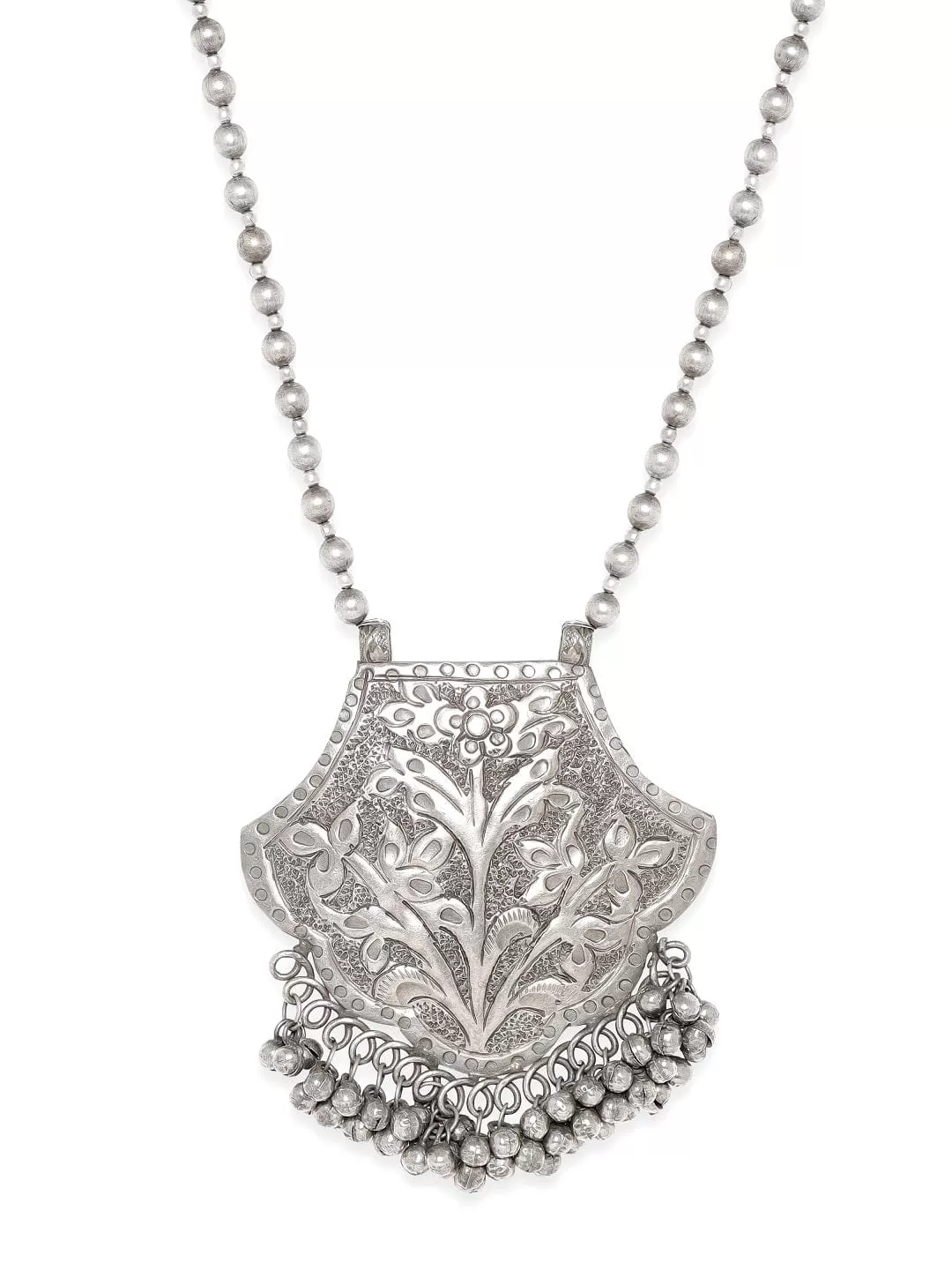 Rubans Oxidized Silver Plated Embossed Statement Pendant & ghungroo detail Long Necklace