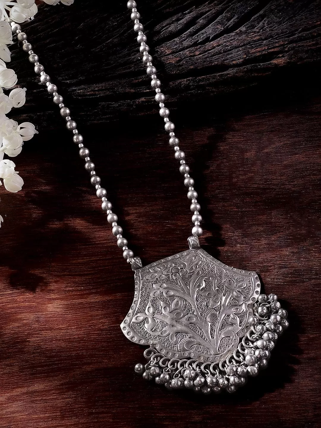 Rubans Oxidized Silver Plated Embossed Statement Pendant & ghungroo detail Long Necklace