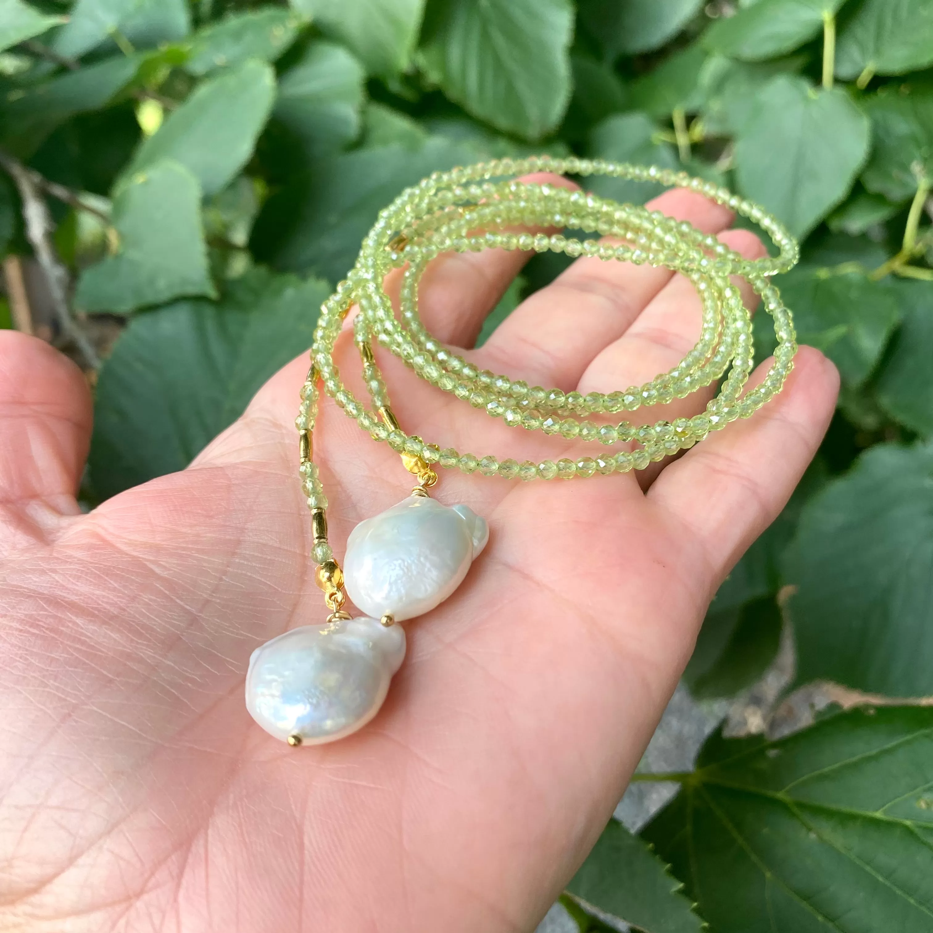 Single Strand of Green Peridot and two Large Baroque Pearls Beaded Lariat Necklace, August Birthstone, 42inches