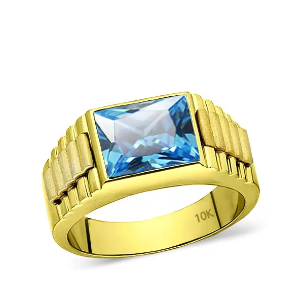 Solid 10k Yellow Gold Mens Ring Rectangle Topaz Stone Band Ring for Men