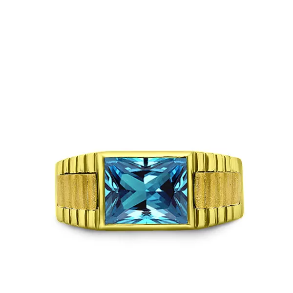 Solid 10k Yellow Gold Mens Ring Rectangle Topaz Stone Band Ring for Men