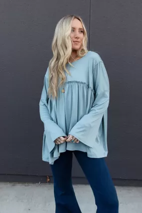 Solid Serenity Long Sleeve Babydoll Top - Slate