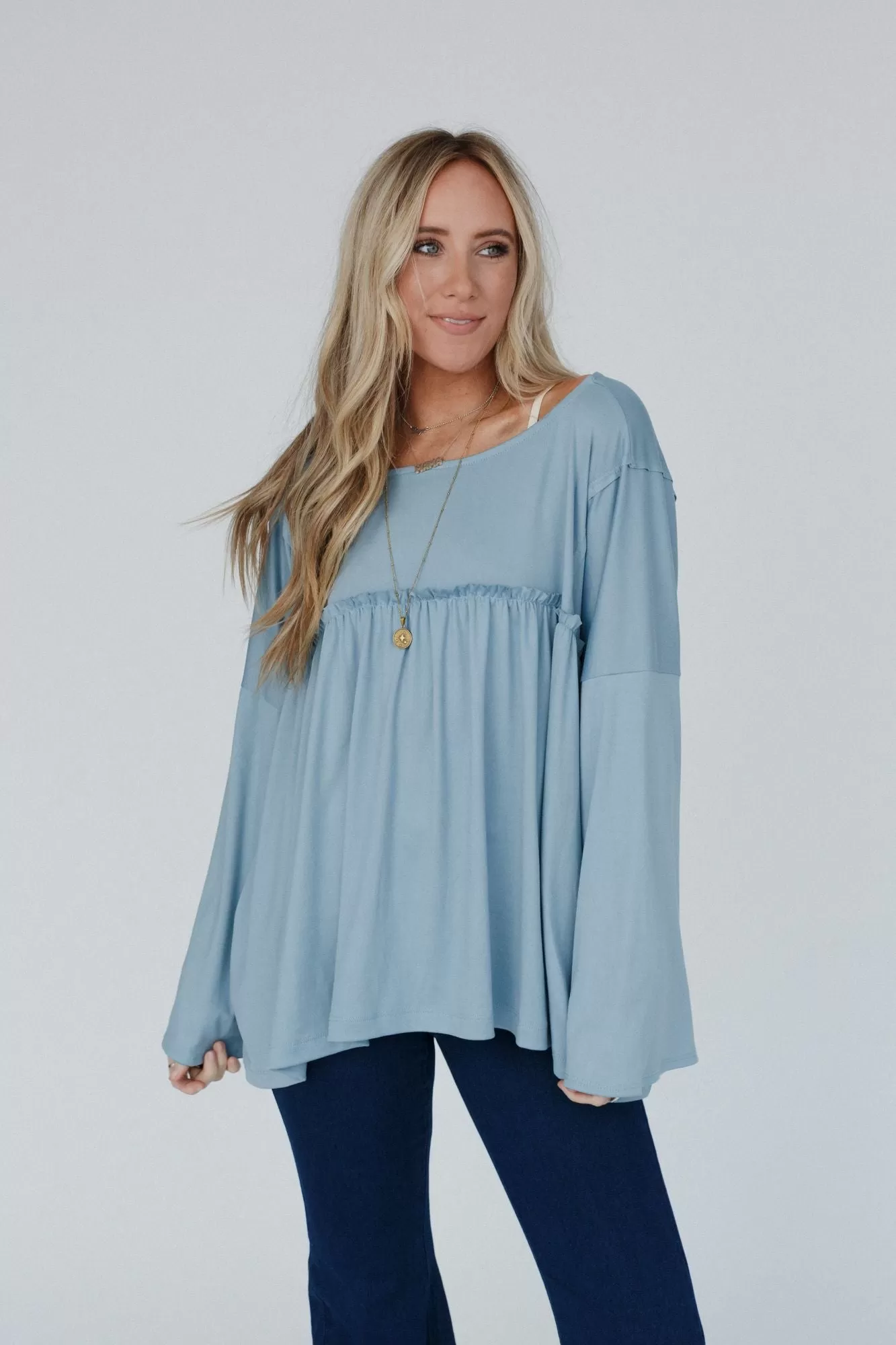 Solid Serenity Long Sleeve Babydoll Top - Slate