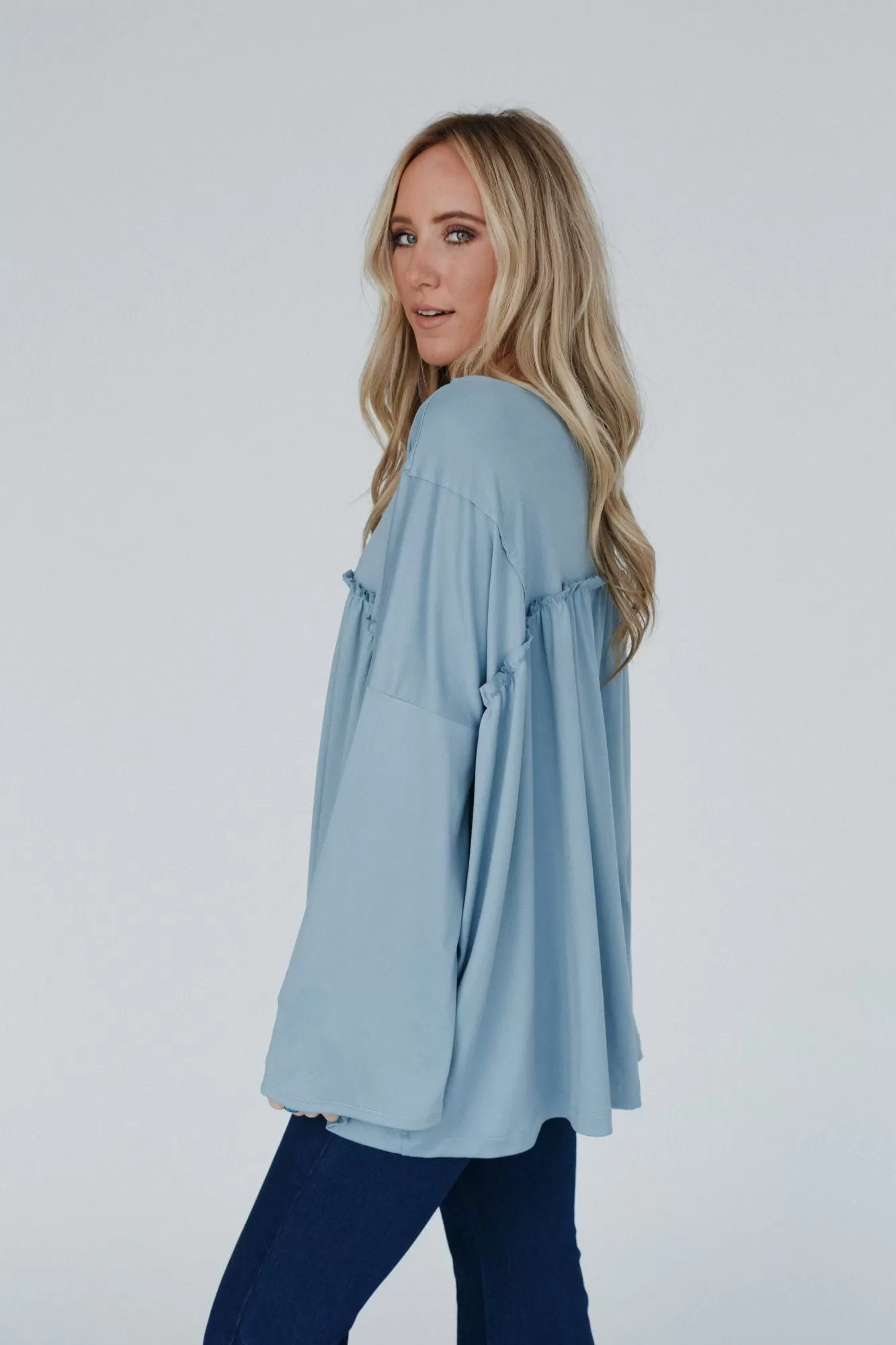 Solid Serenity Long Sleeve Babydoll Top - Slate