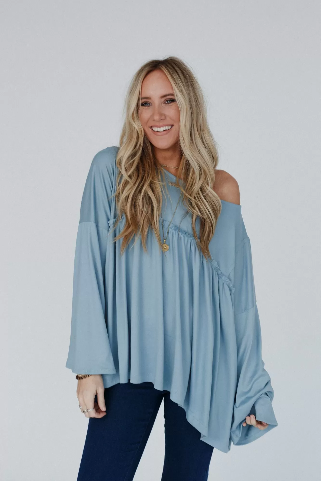 Solid Serenity Long Sleeve Babydoll Top - Slate