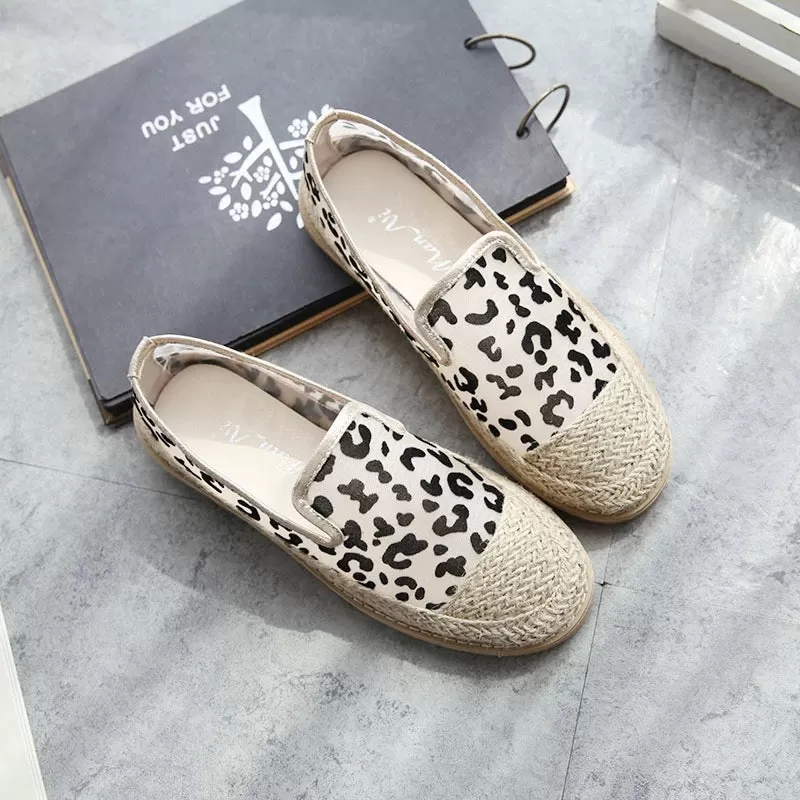 Summer Casual Straw Flats Leaopard Print Fisherman Shoes Foldable Flats