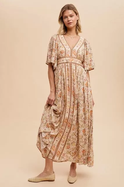 Swing and Sway Flowy Butterfly Sleeve Floral Dress - Clay/Multi