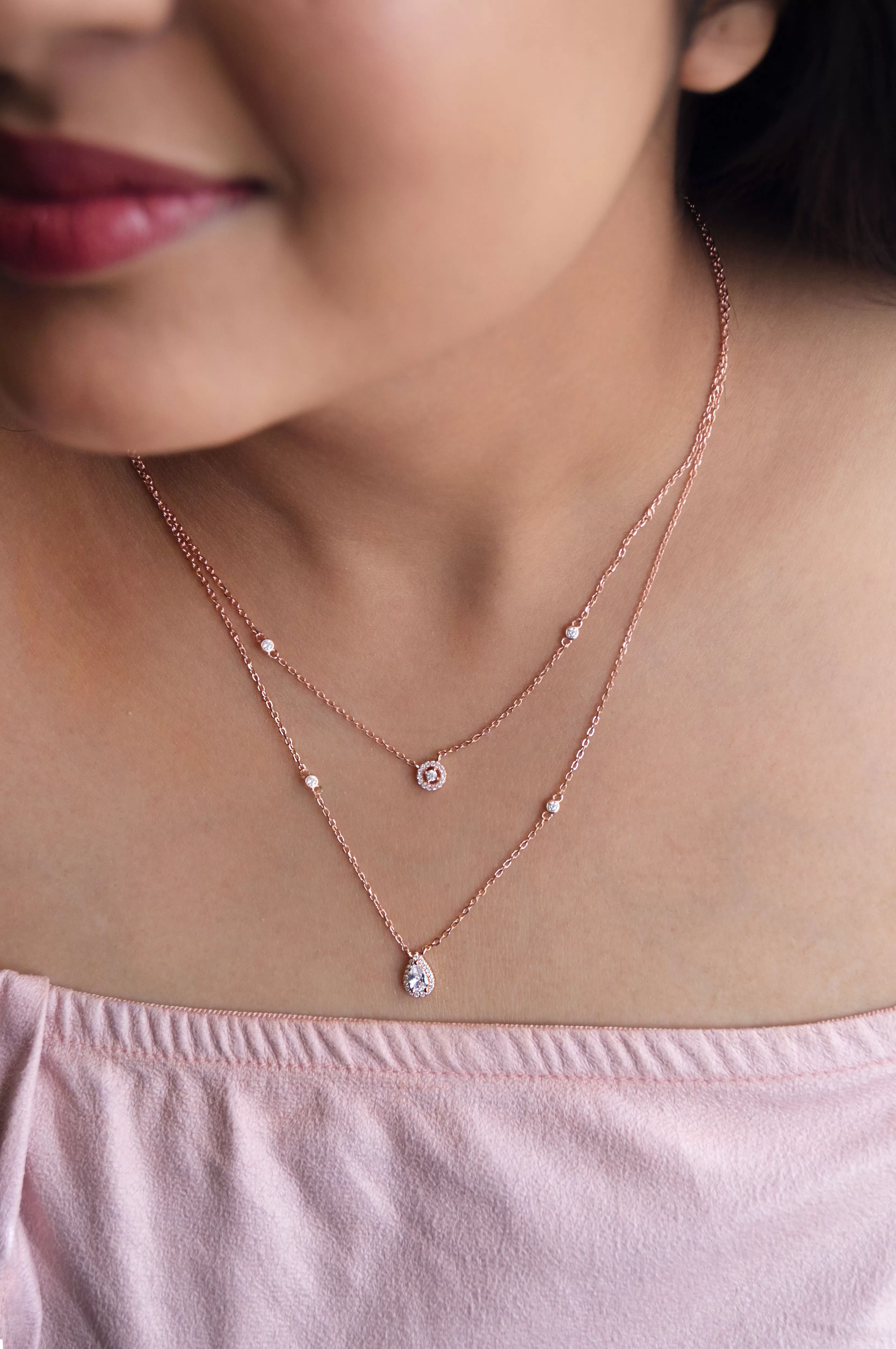 Trendy Dual Layered Solitaire Rose Gold Plated Sterling Silver Chain Necklace