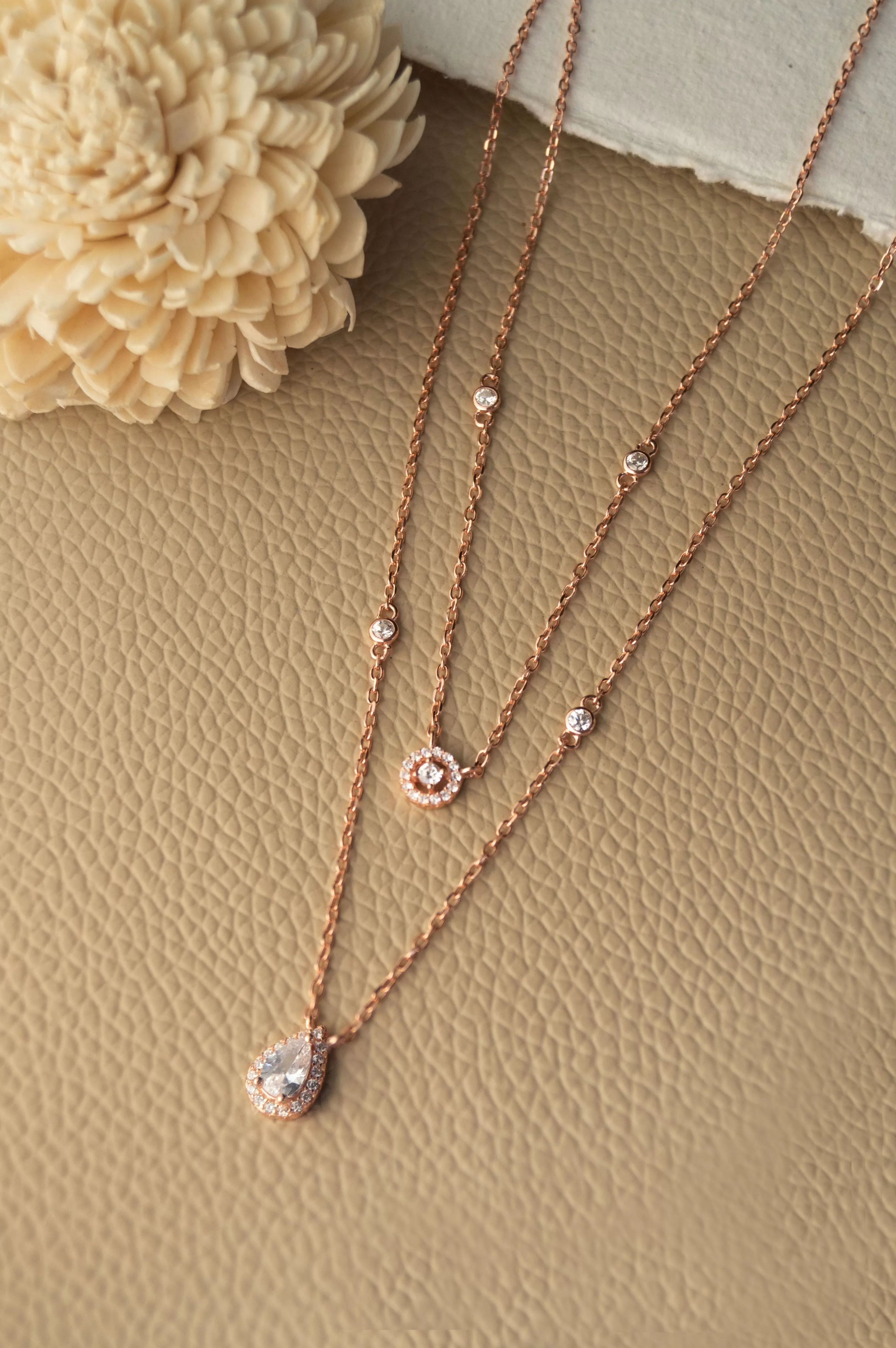 Trendy Dual Layered Solitaire Rose Gold Plated Sterling Silver Chain Necklace