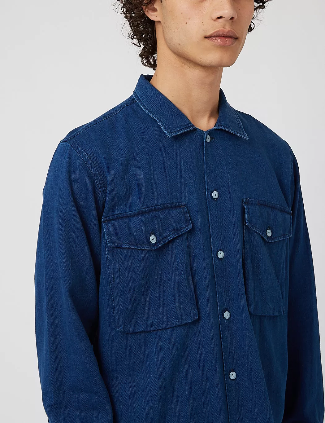 Universal Works Treck Shirt (Herringbone Denim) - Washed Indigo