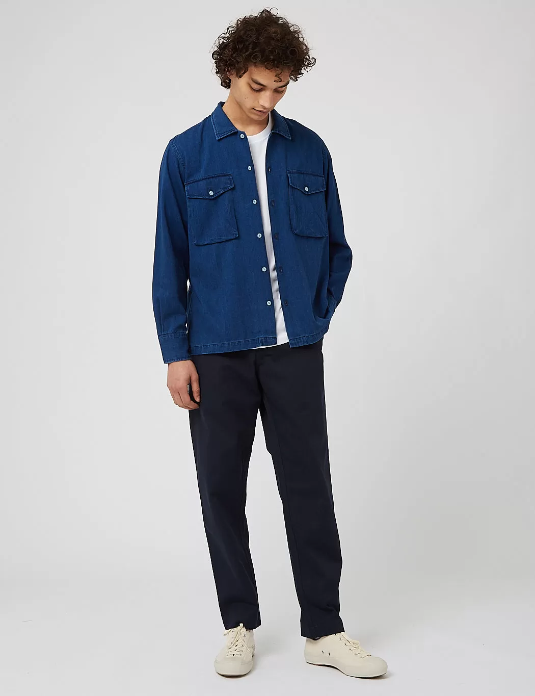 Universal Works Treck Shirt (Herringbone Denim) - Washed Indigo