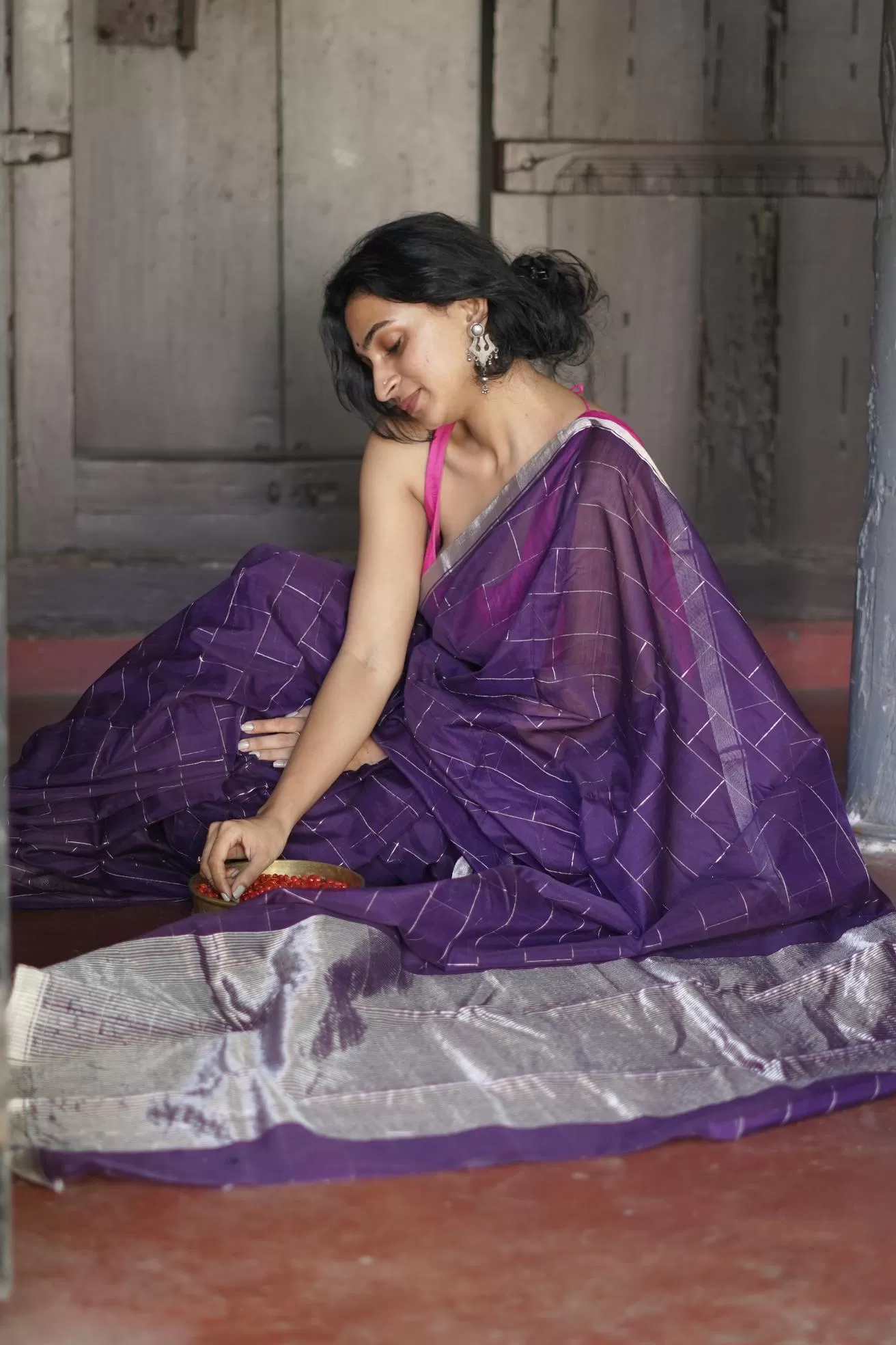 Utsav Purple silk cotton silver Zari Chanderi Saree