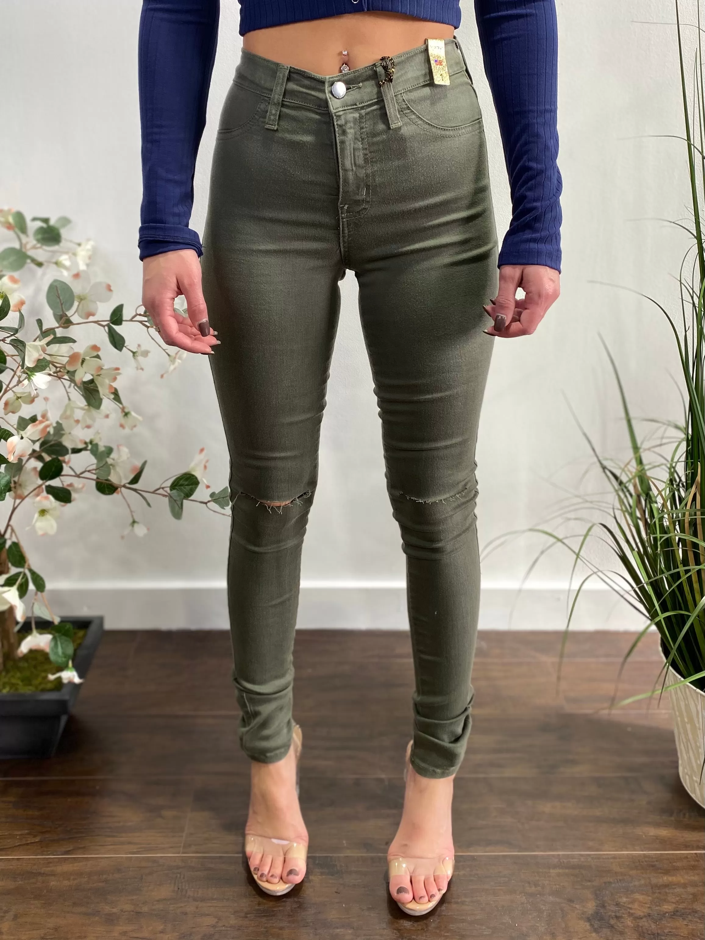 Vibrant Shark Bite Skinny Jeans (Olive) P831