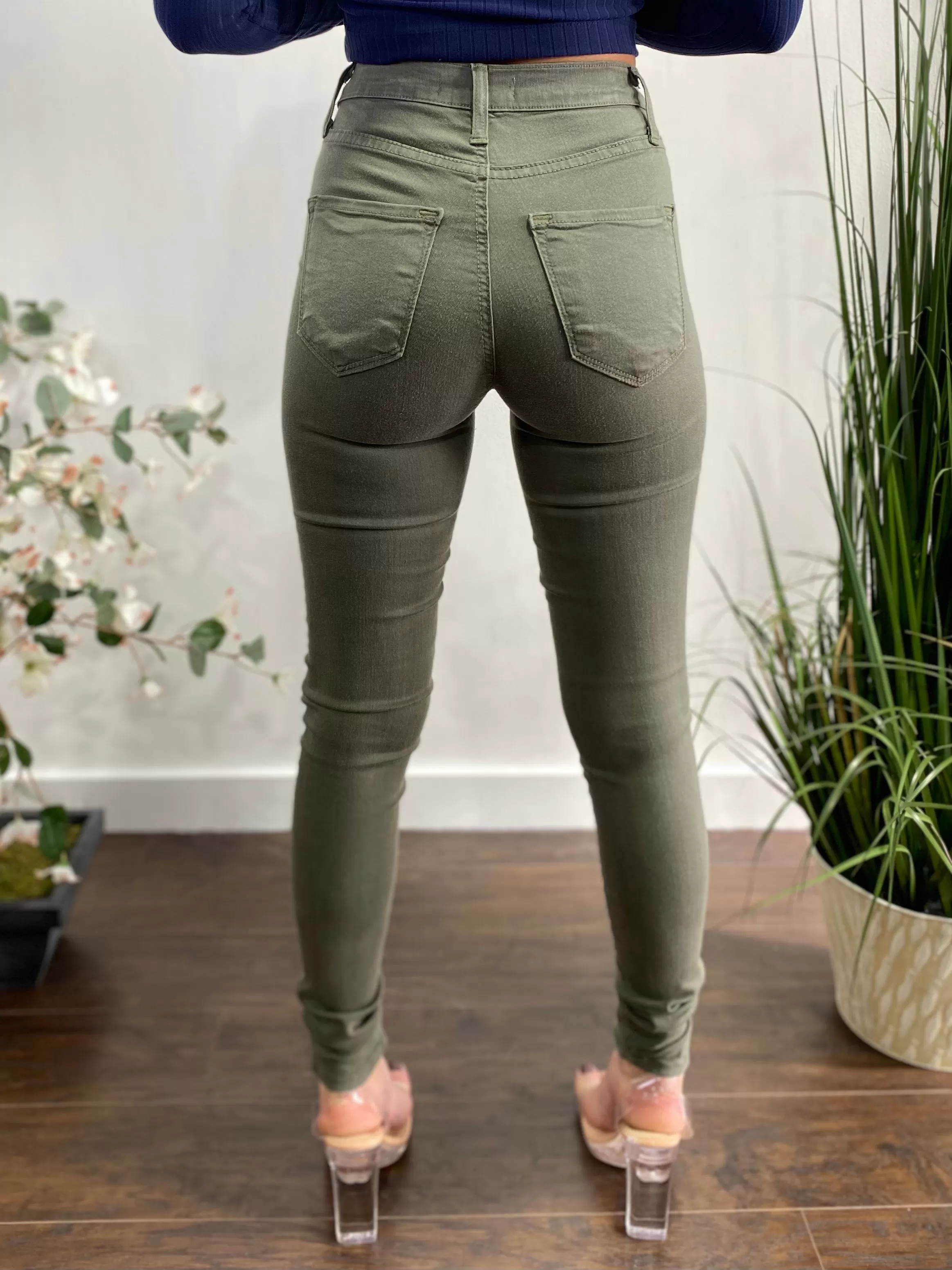 Vibrant Shark Bite Skinny Jeans (Olive) P831