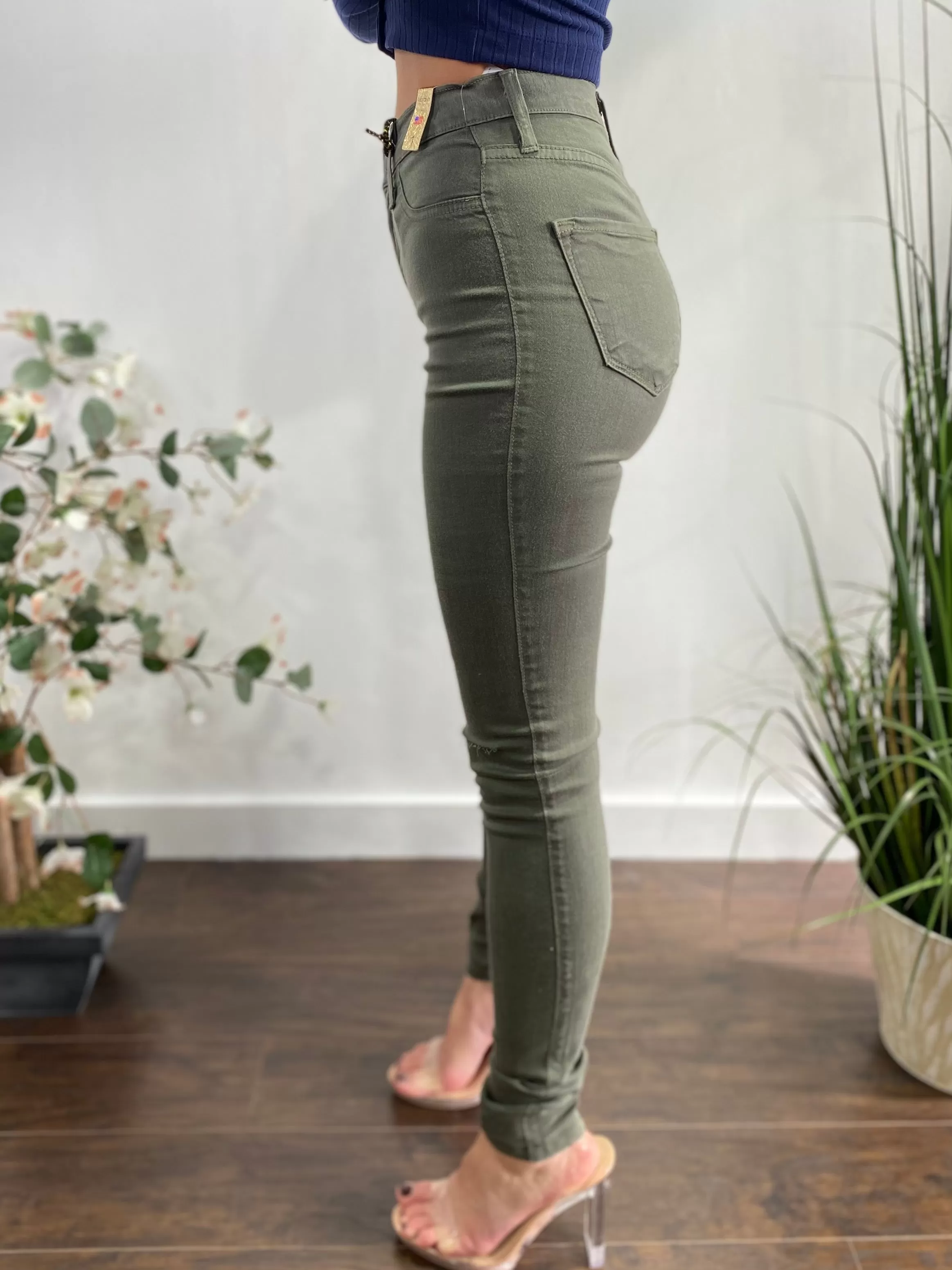 Vibrant Shark Bite Skinny Jeans (Olive) P831