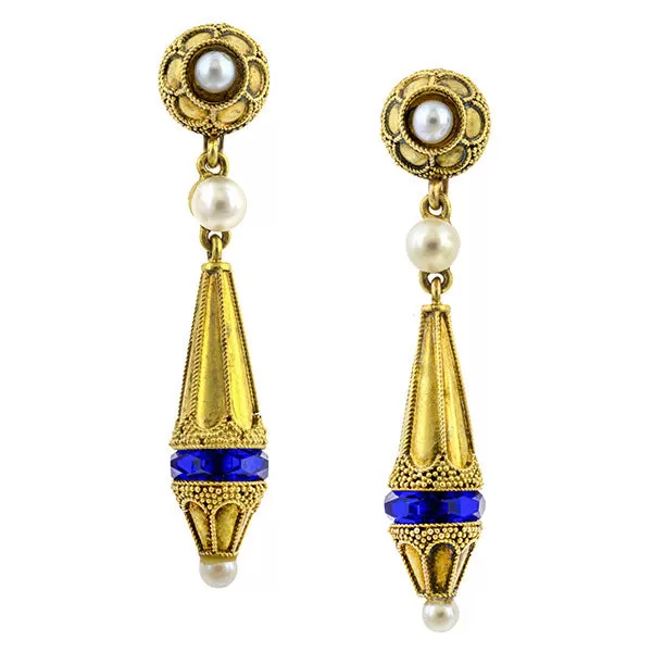 Victorian Etruscan Revival Pearl & Glass Drop Earrings