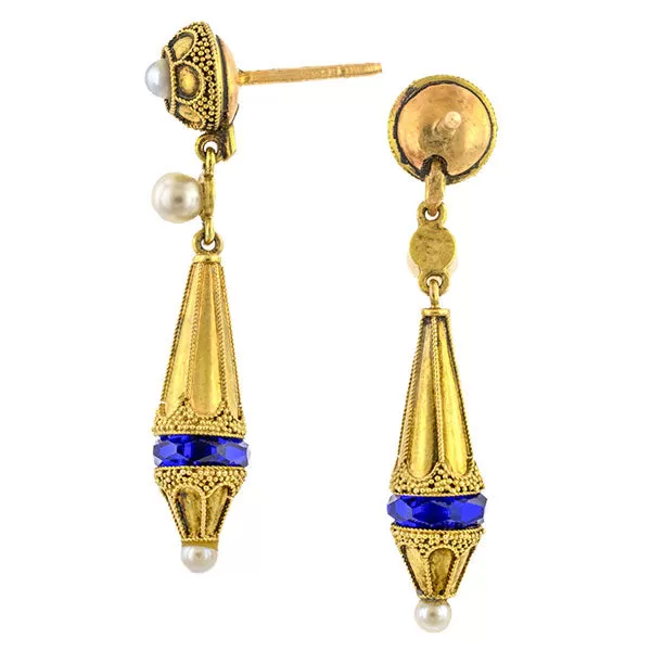 Victorian Etruscan Revival Pearl & Glass Drop Earrings