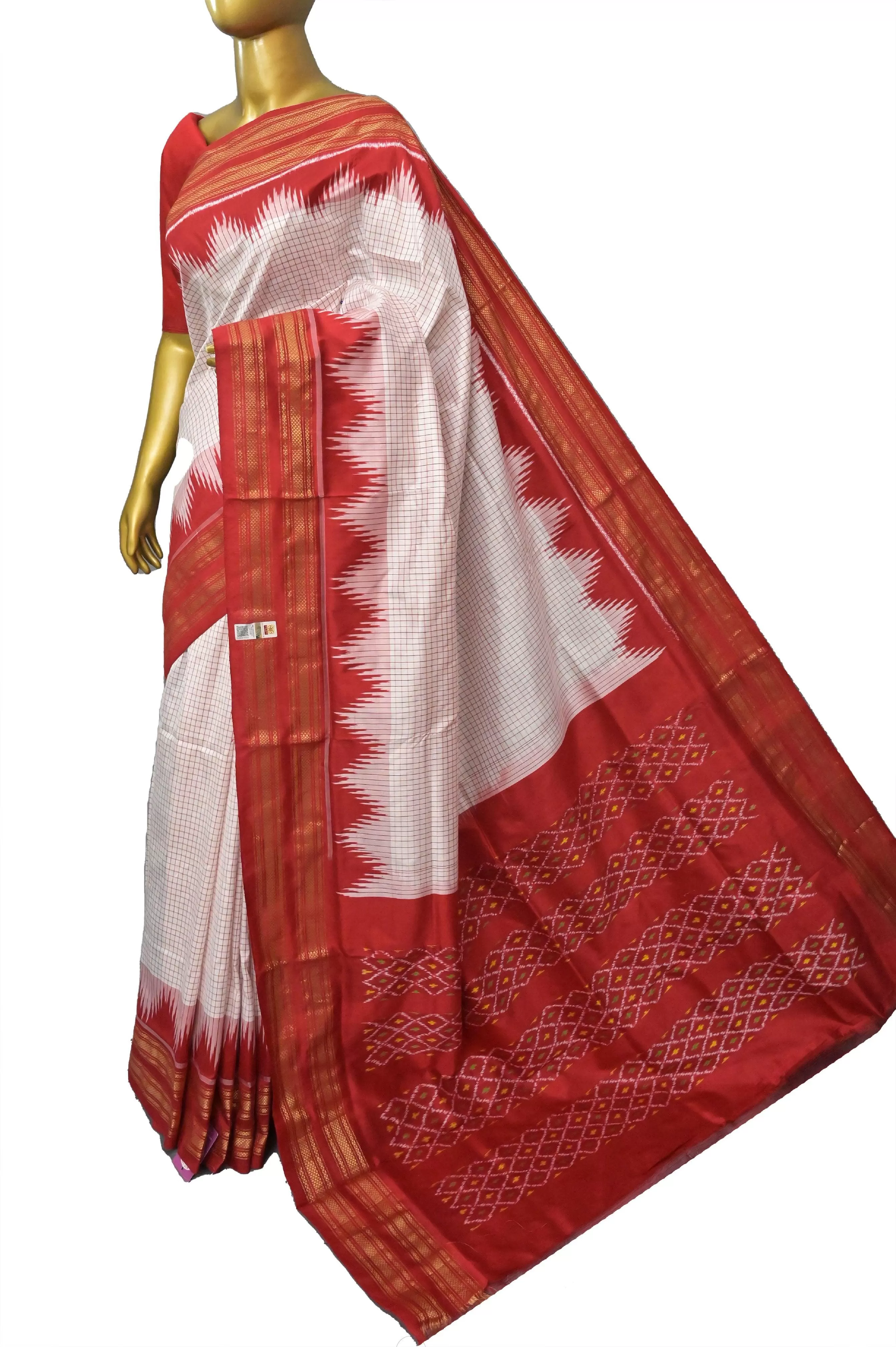 White and Red Color Ikat Silk Saree with Checks and Temple Border