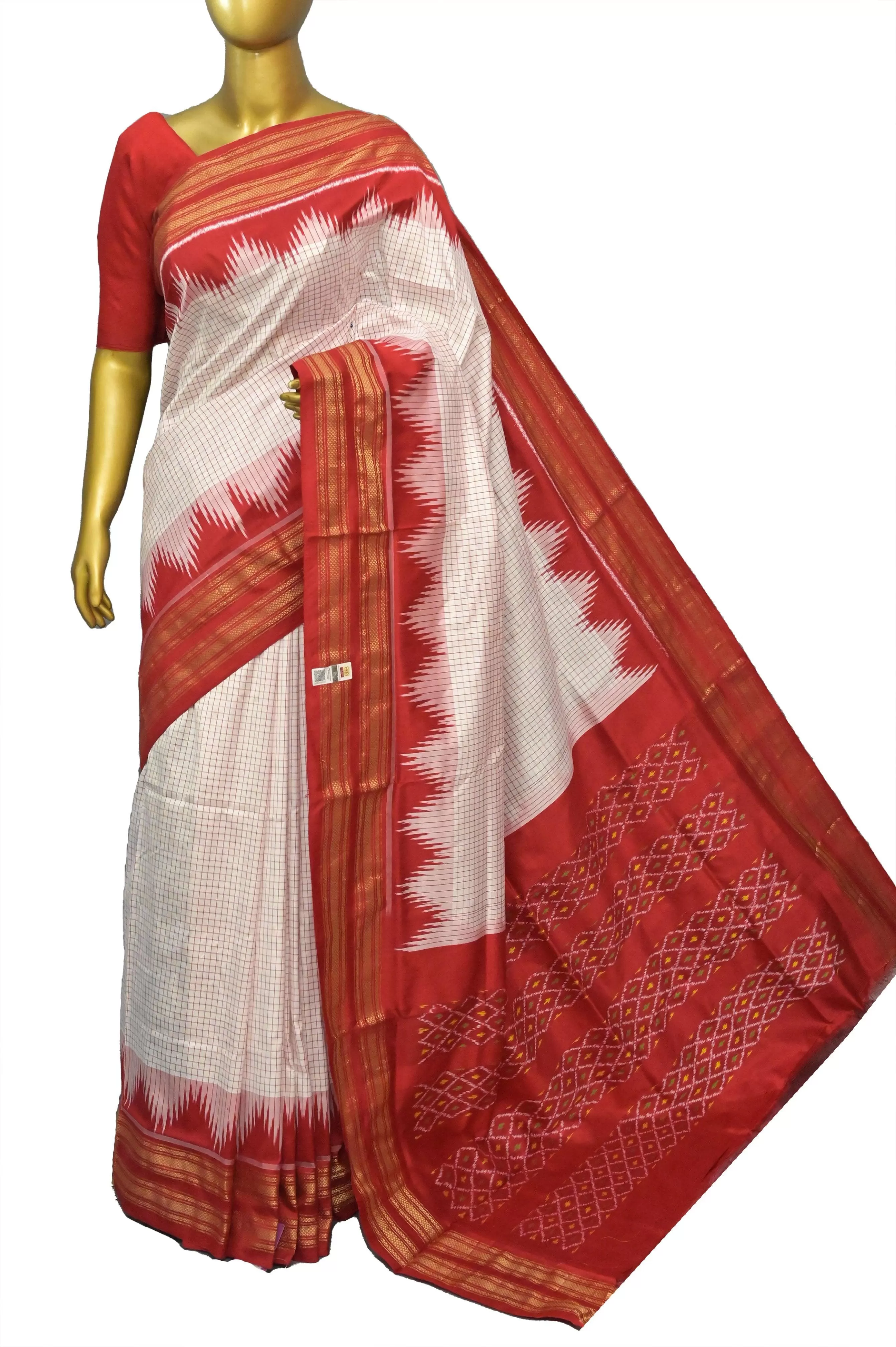 White and Red Color Ikat Silk Saree with Checks and Temple Border