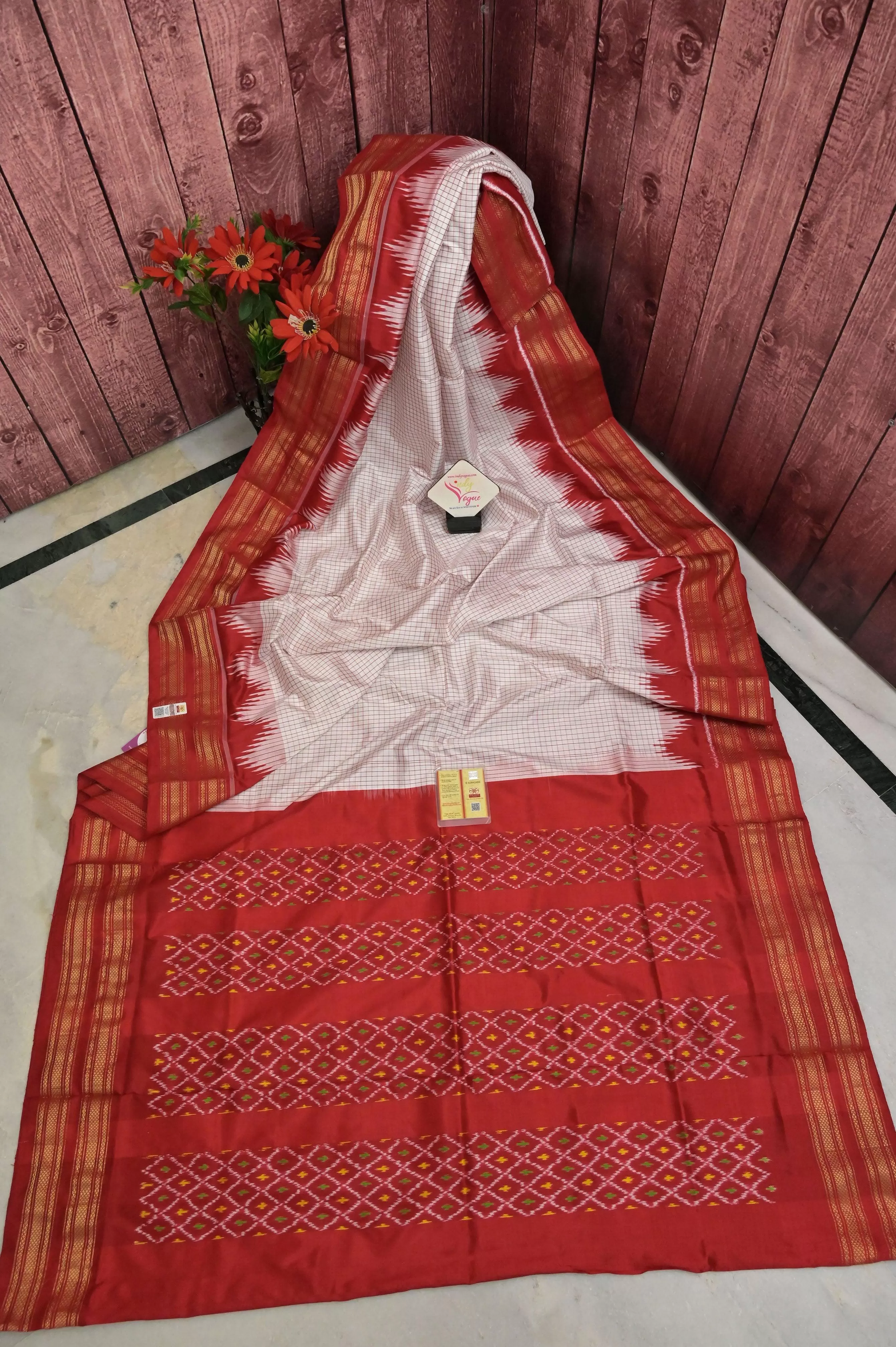 White and Red Color Ikat Silk Saree with Checks and Temple Border