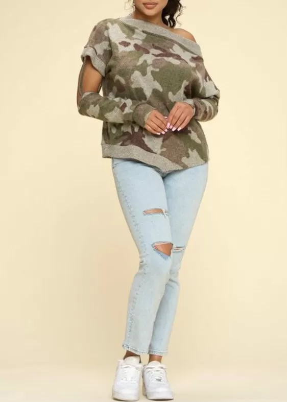 WinWin Camo Print Off The Shoulder Sweater (Olive/Rust/Grey) WT13060