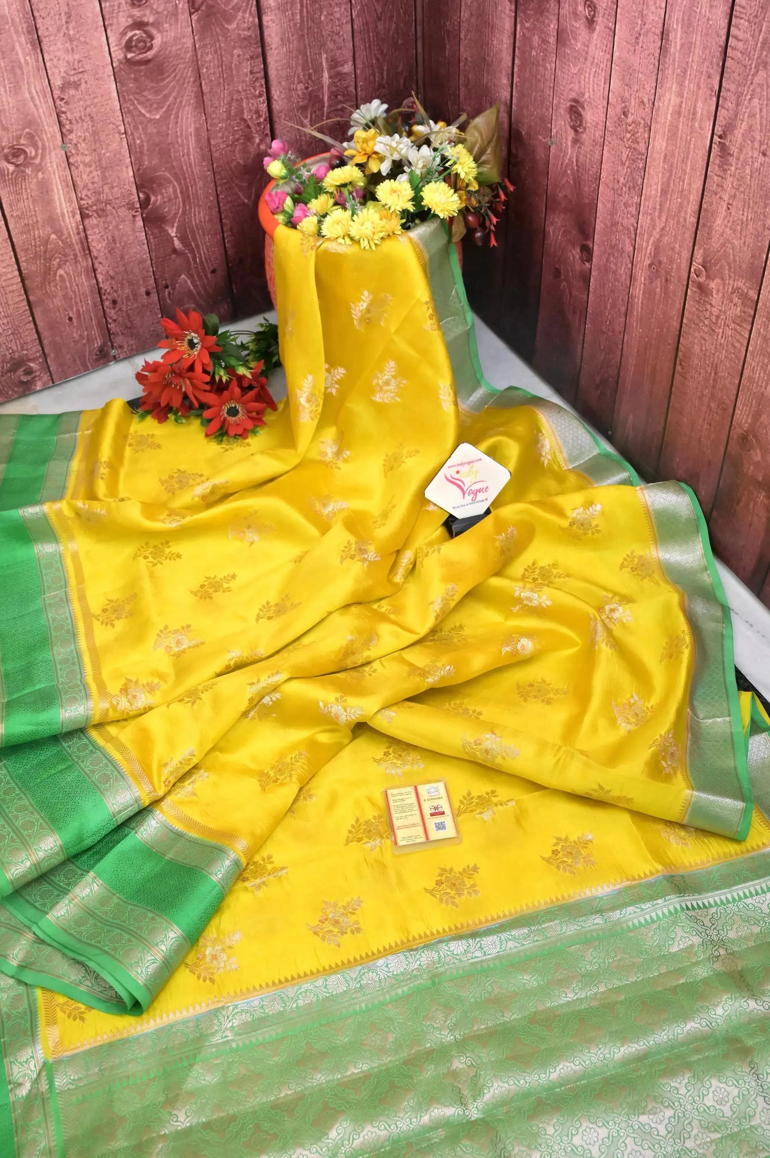 Yellow and Green Color Pure mango Silk Banarasi Saree with Meenakari Butta Work