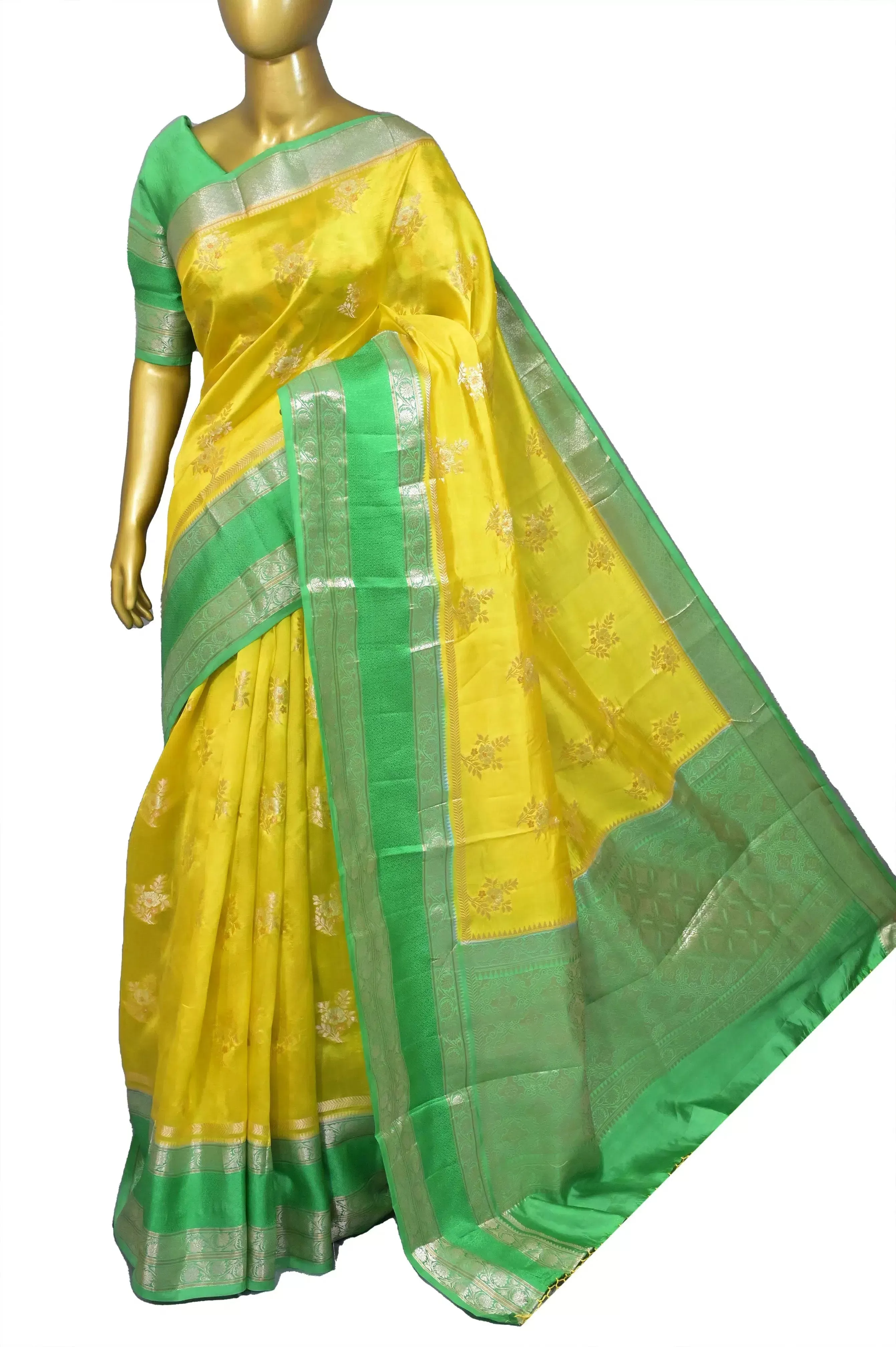 Yellow and Green Color Pure mango Silk Banarasi Saree with Meenakari Butta Work