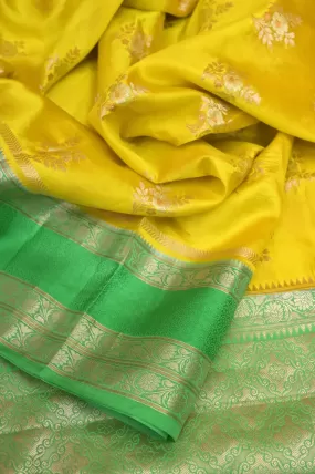 Yellow and Green Color Pure mango Silk Banarasi Saree with Meenakari Butta Work